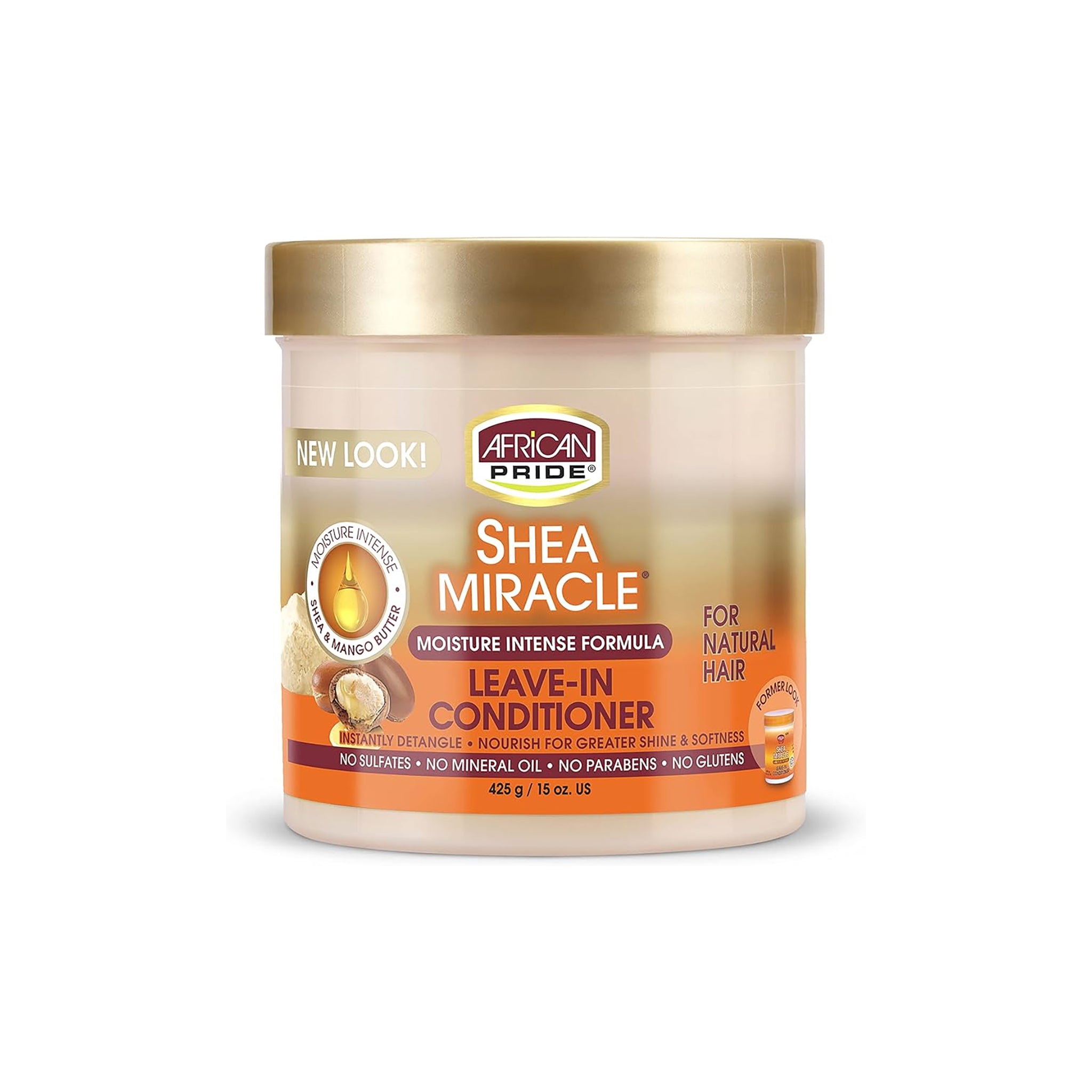 African Pride Shea Leave In Conditioner med shea og mango på lys baggrund. Naturlig hårpleje uden sulfater.