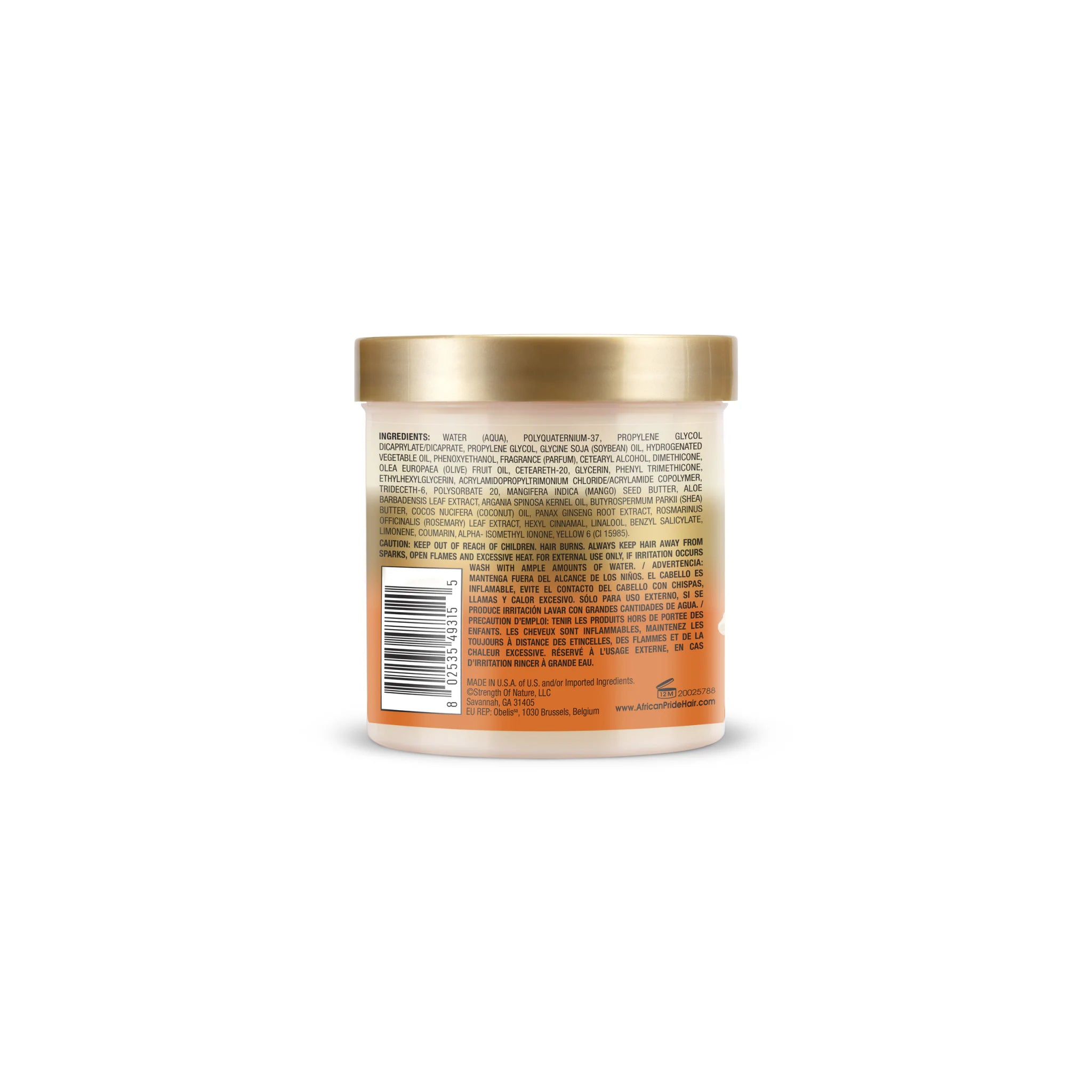 African Pride Shea Leave In Conditioner 425gr mit goldenem Deckel und Zutatenliste auf der Rückseite.