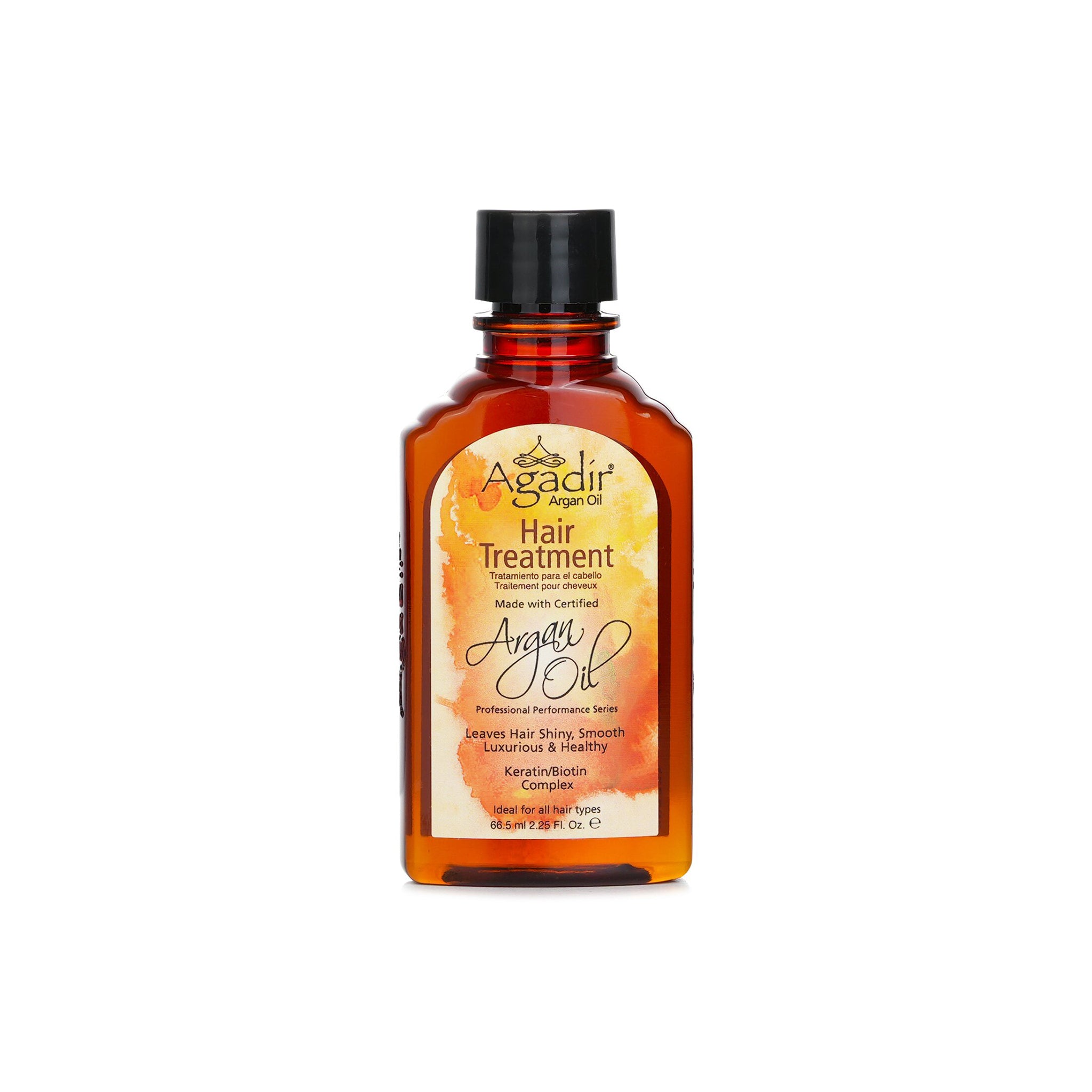 Agadir Argan Oil Treatment 66ml flaske. En brun glasflaske med en hvid etiket, der viser produktet Agadir Argan Oil Treatment. 