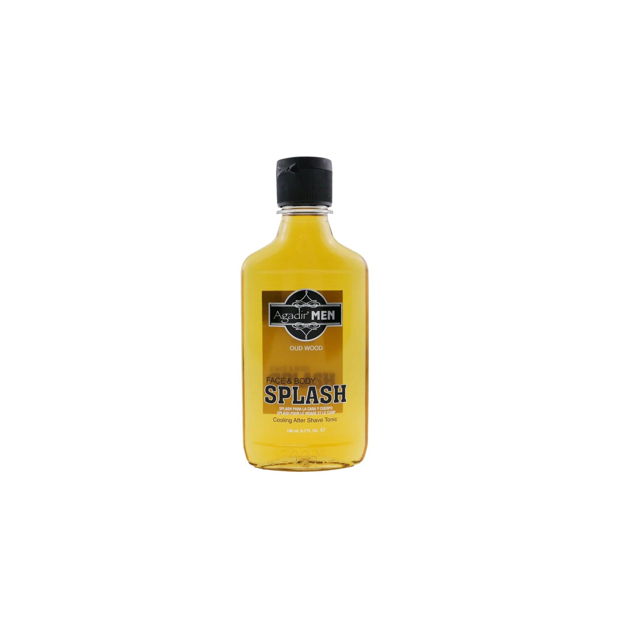 Agadir Men Oud Wood Face & Body Splash 198ml flaske. En gennemsigtig flaske med en sort hætte, der indeholder en gul væske. Etiketten viser produktet Agadir Men Oud Wood Face & Body Splash.