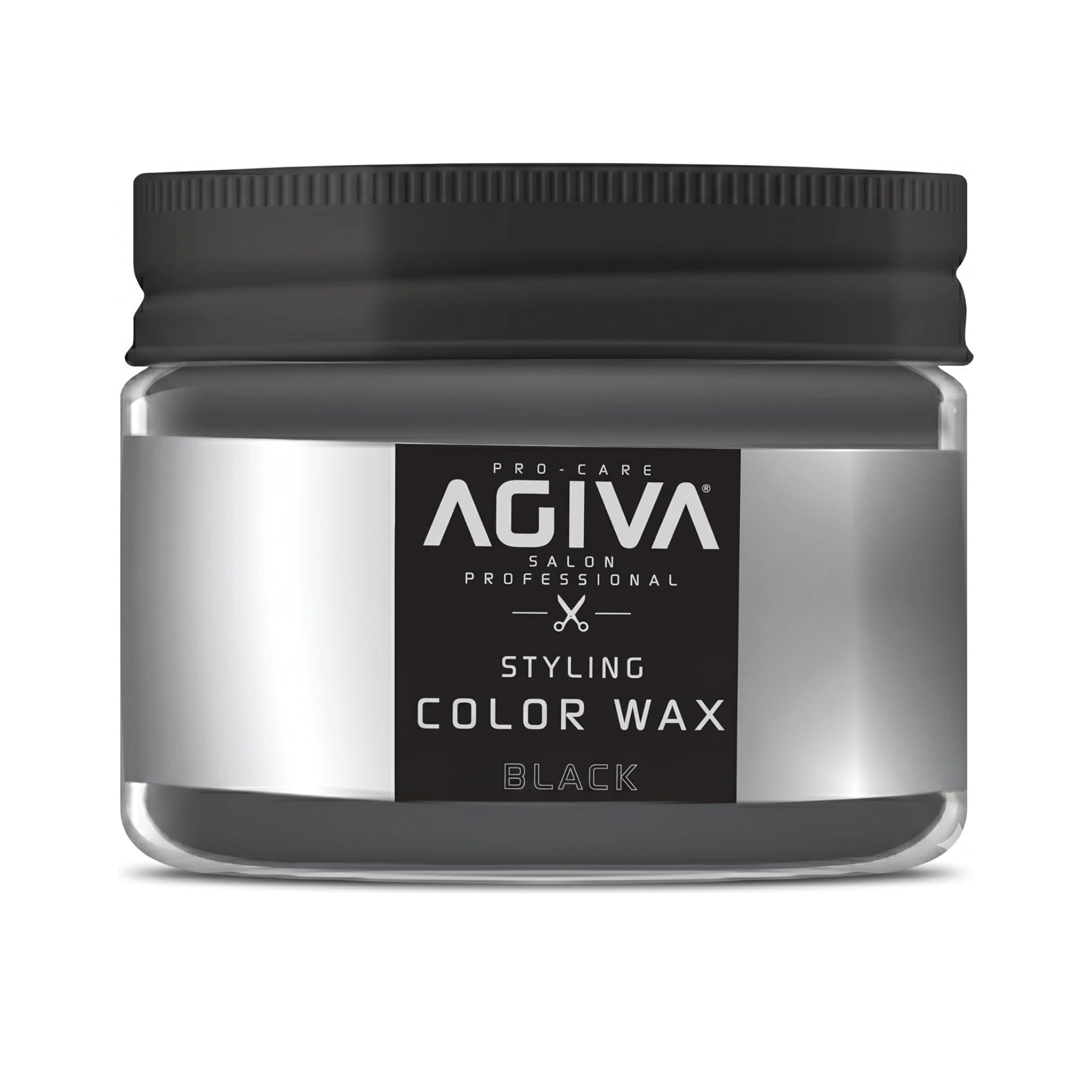 Agiva Pro-Care sølvfarvet dåse med sort låg, Styling Color Wax Black til hårstyling.