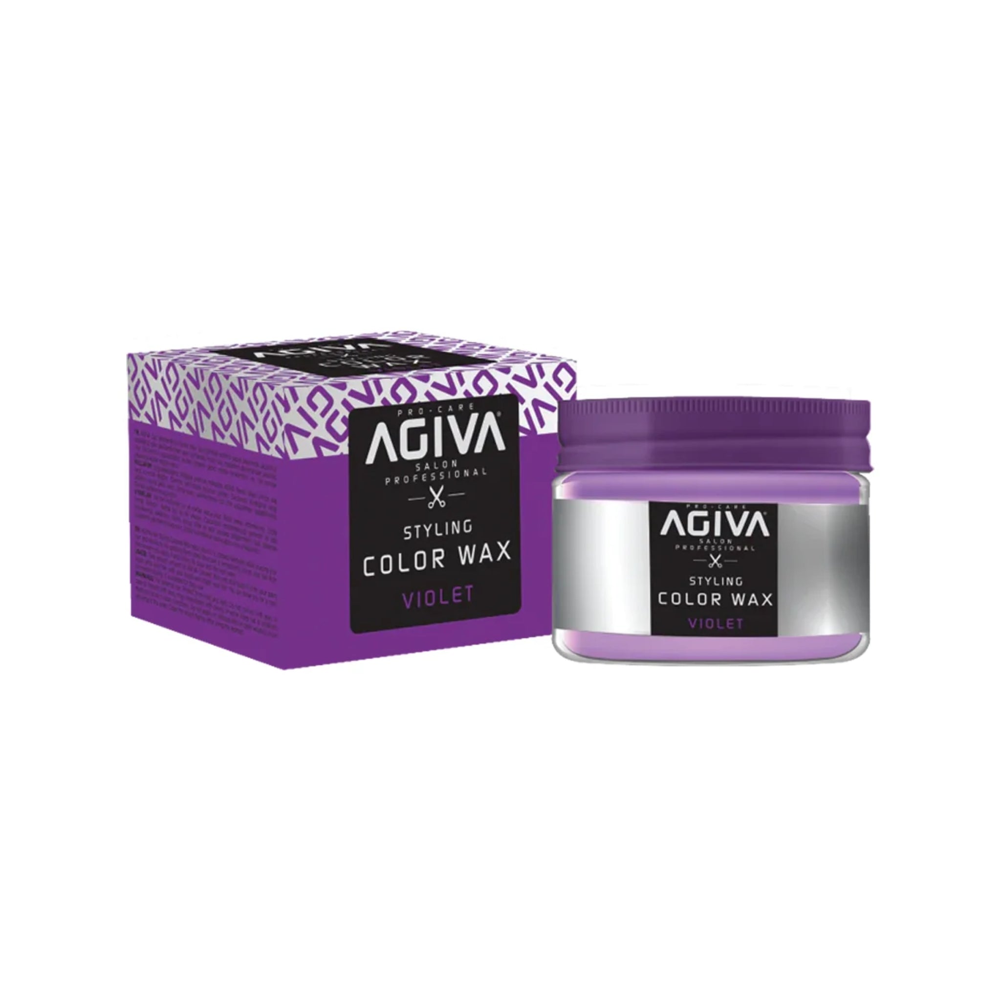 Agiva Styling Color Wax Violet i lilla emballage med skruelåg, ved siden af den mønstrede æske.