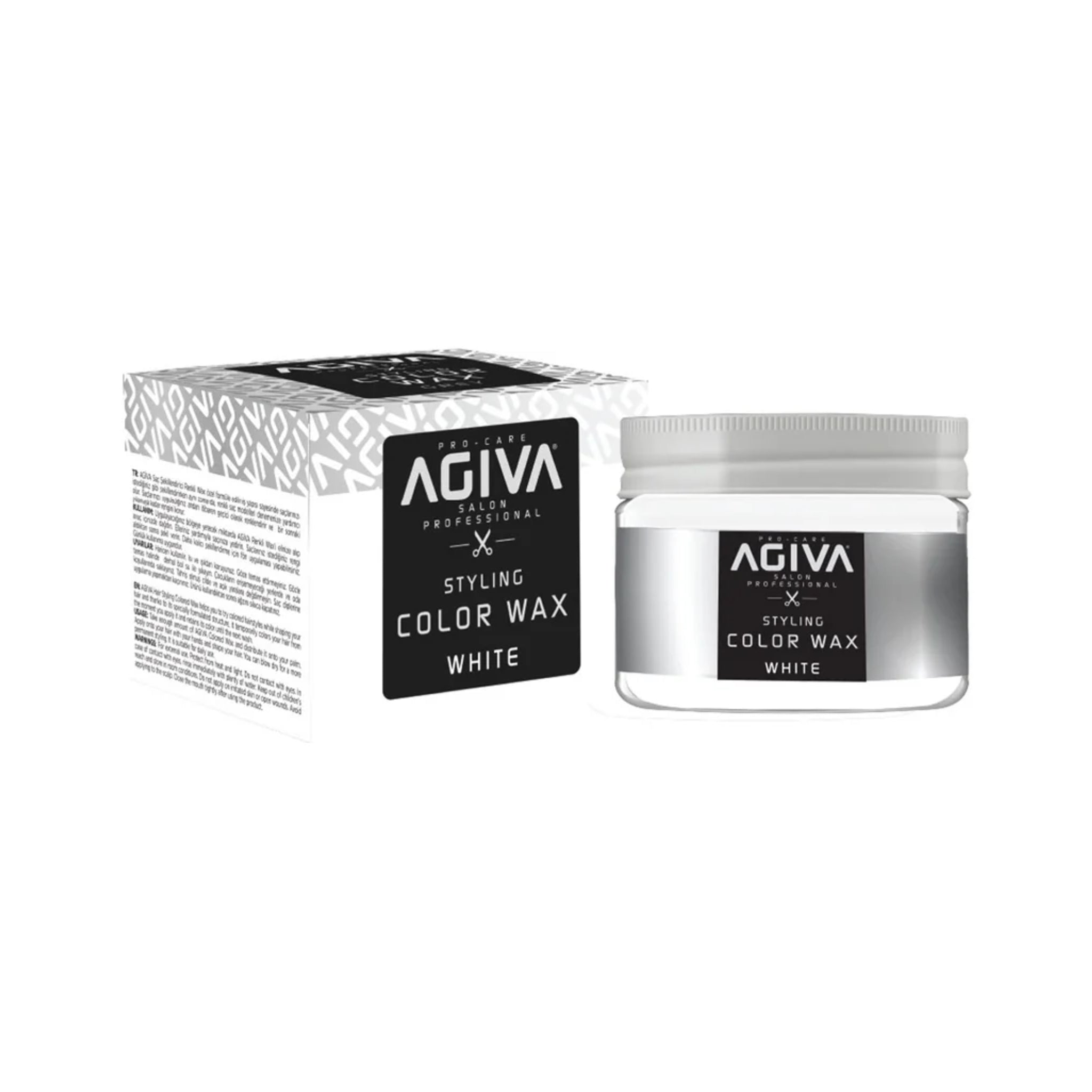 Agiva Styling Color Wax White i sølvfarvet glas med skruelåg ved siden af hvid og sort emballageæske.
