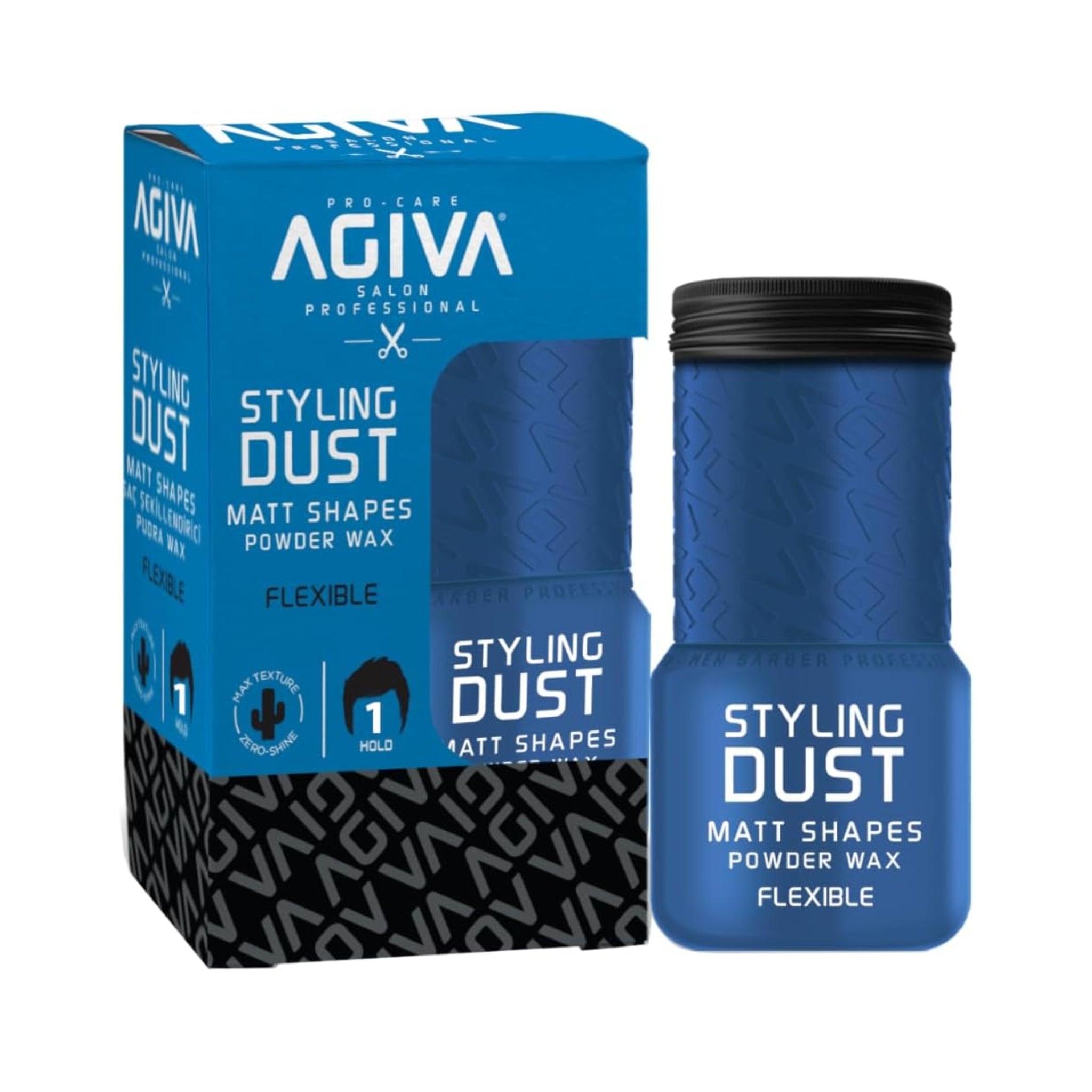 Agiva Styling Dust pudder wax i blå emballage med sort låg, mat finish og fleksibel hold-tekstur.