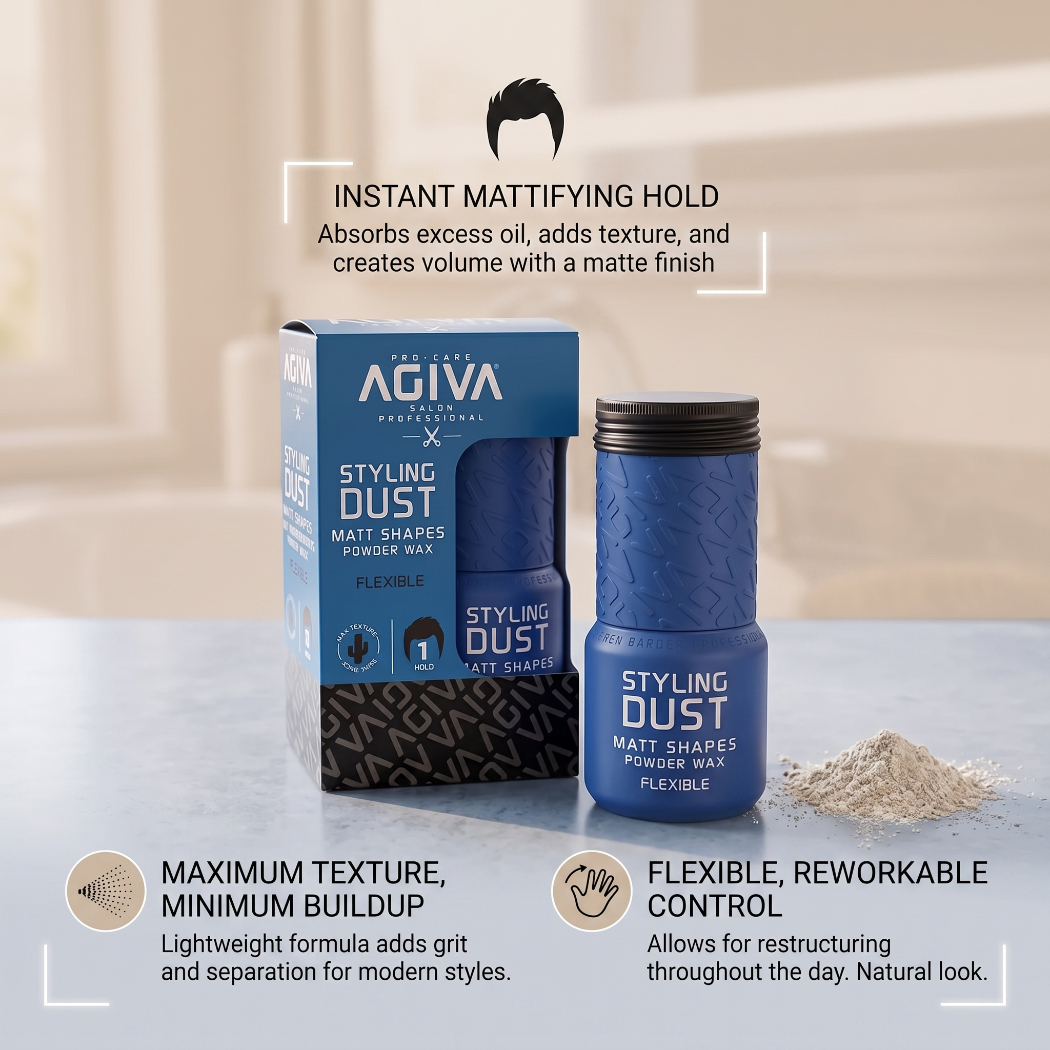 Agiva Styling Dust Matt Shapes Powder Wax i blå emballage og dåse med hvidt pudder ved siden af.