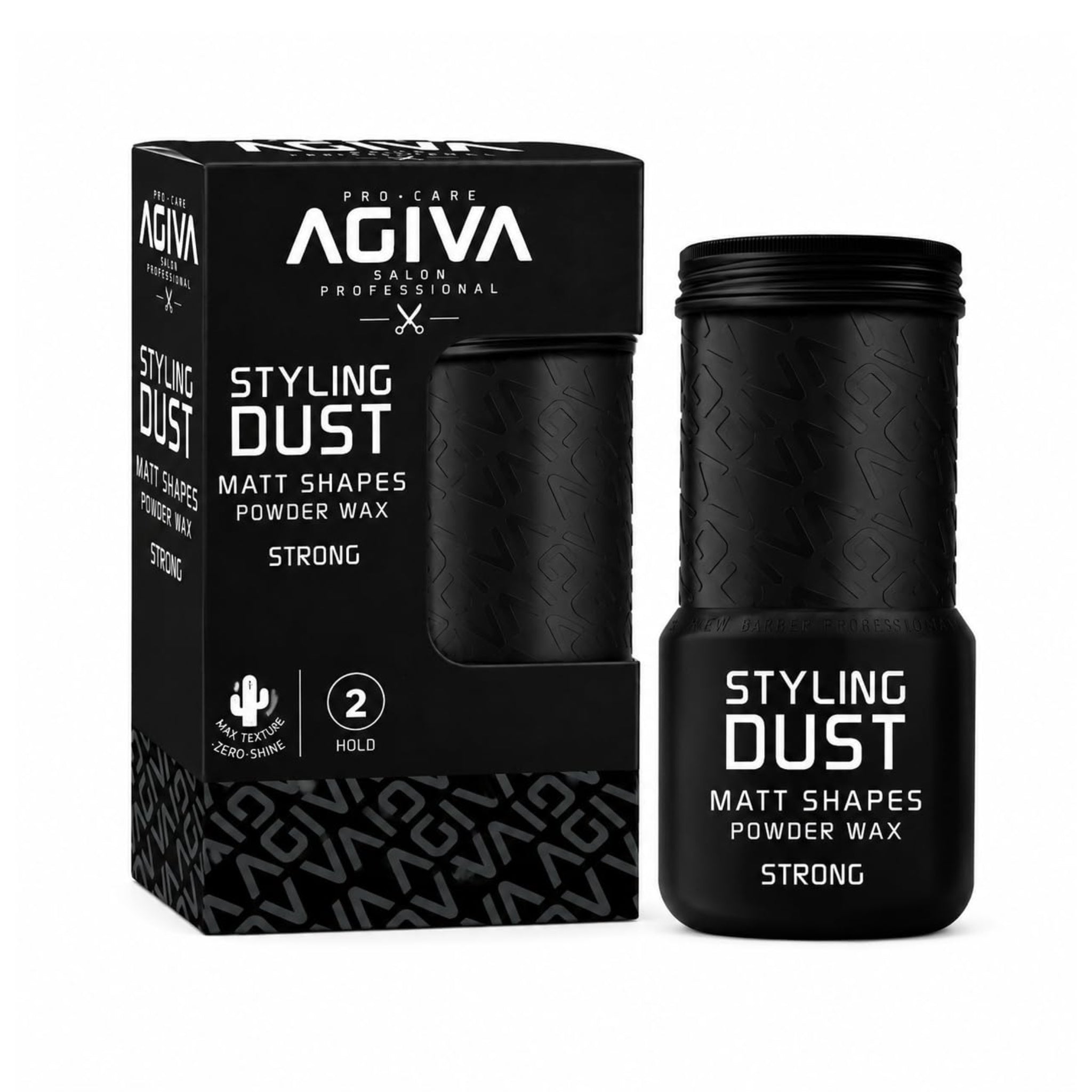AGIVA Styling Dust Matt Shapes Powder Wax i sort emballage og sort dåse med skruelåg, styrke 2 Hold.