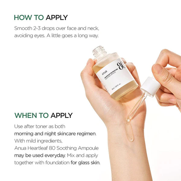Hånd drypper Anua Heartleaf 80 Soothing Ampoule med pipette, klar serum mod hvid baggrund til hudplejerutine.