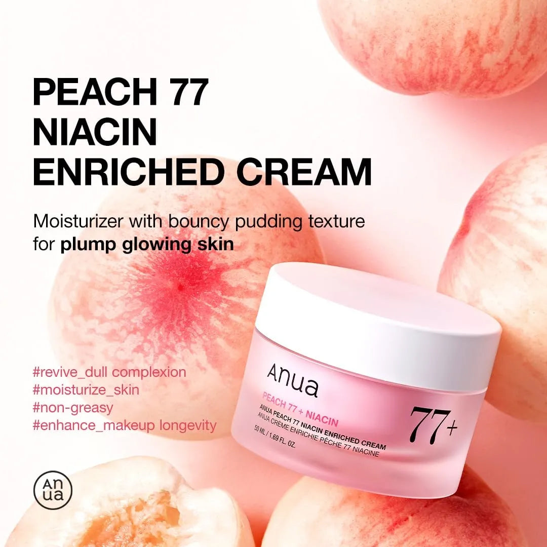 Anua Peach 77 Niacin Enriched Cream 50ml in a pink jar surrounded by peaches on a light background.