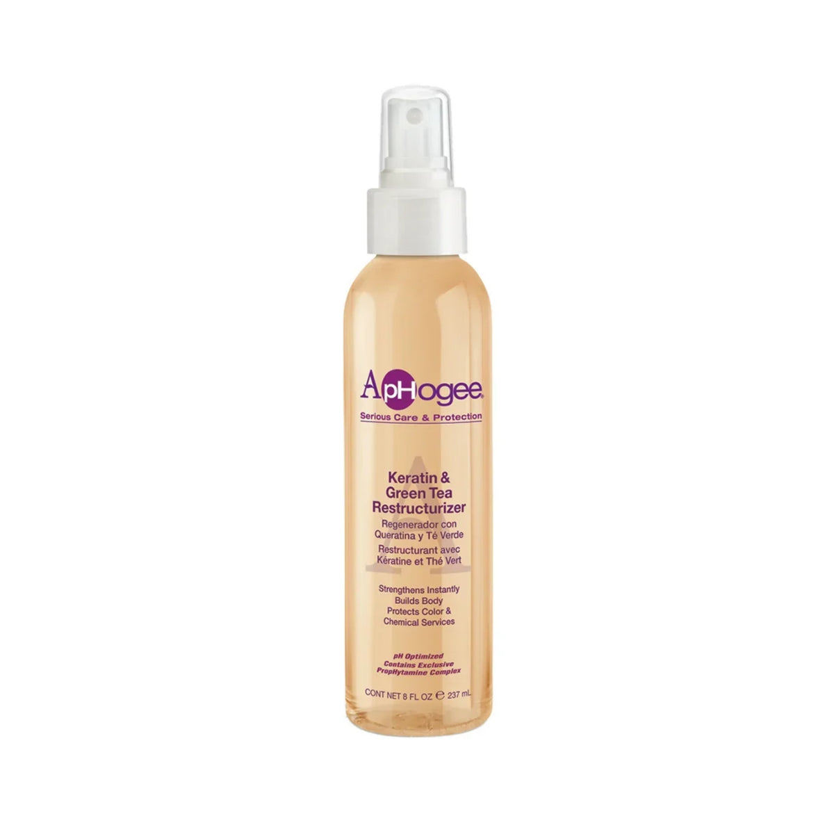 ApHogee Keratin & Green Tea Restructurizer sprayflaske med gyldent produkt, 237 ml, hvid pumpetud.