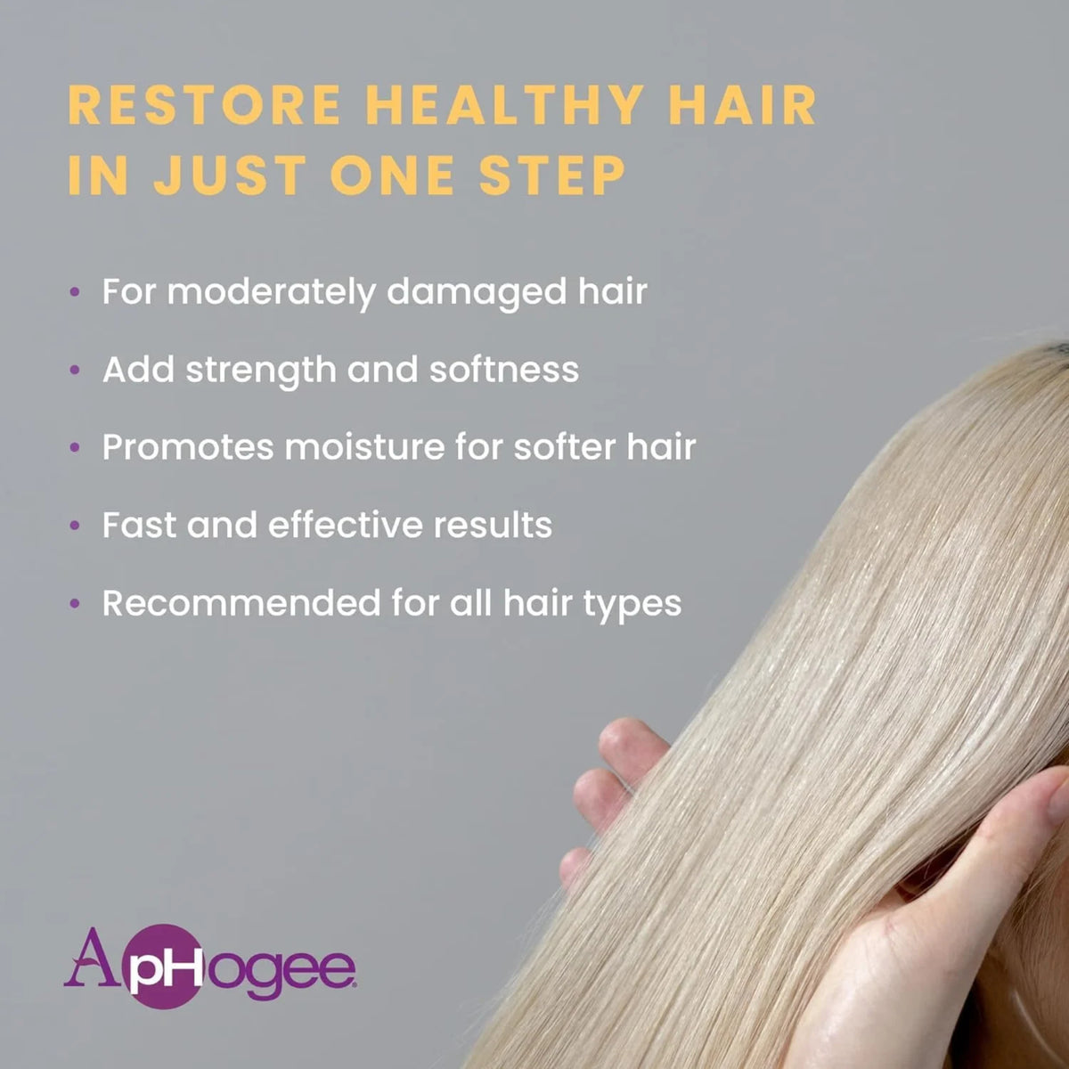 ApHogee restore healthy hair-plakat med hænder i glat, lyst blondt hår og fem fordele ved produktet.