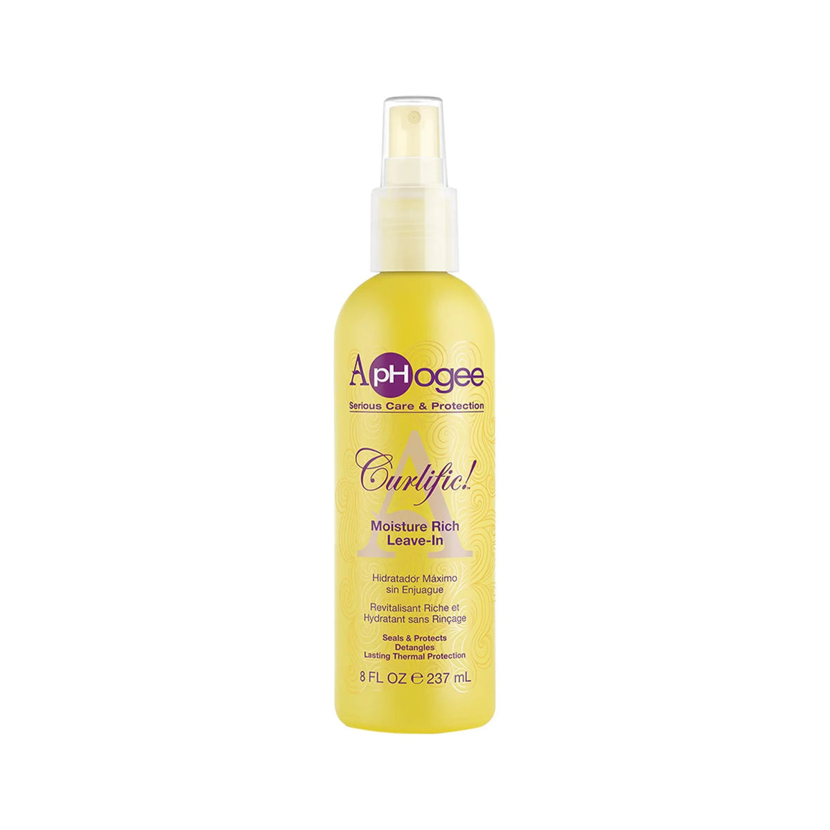 ApHogee Curlific Moisture Rich Leave-In gul sprayflaske, 237 ml, med lilla etiket til krøllet hår.