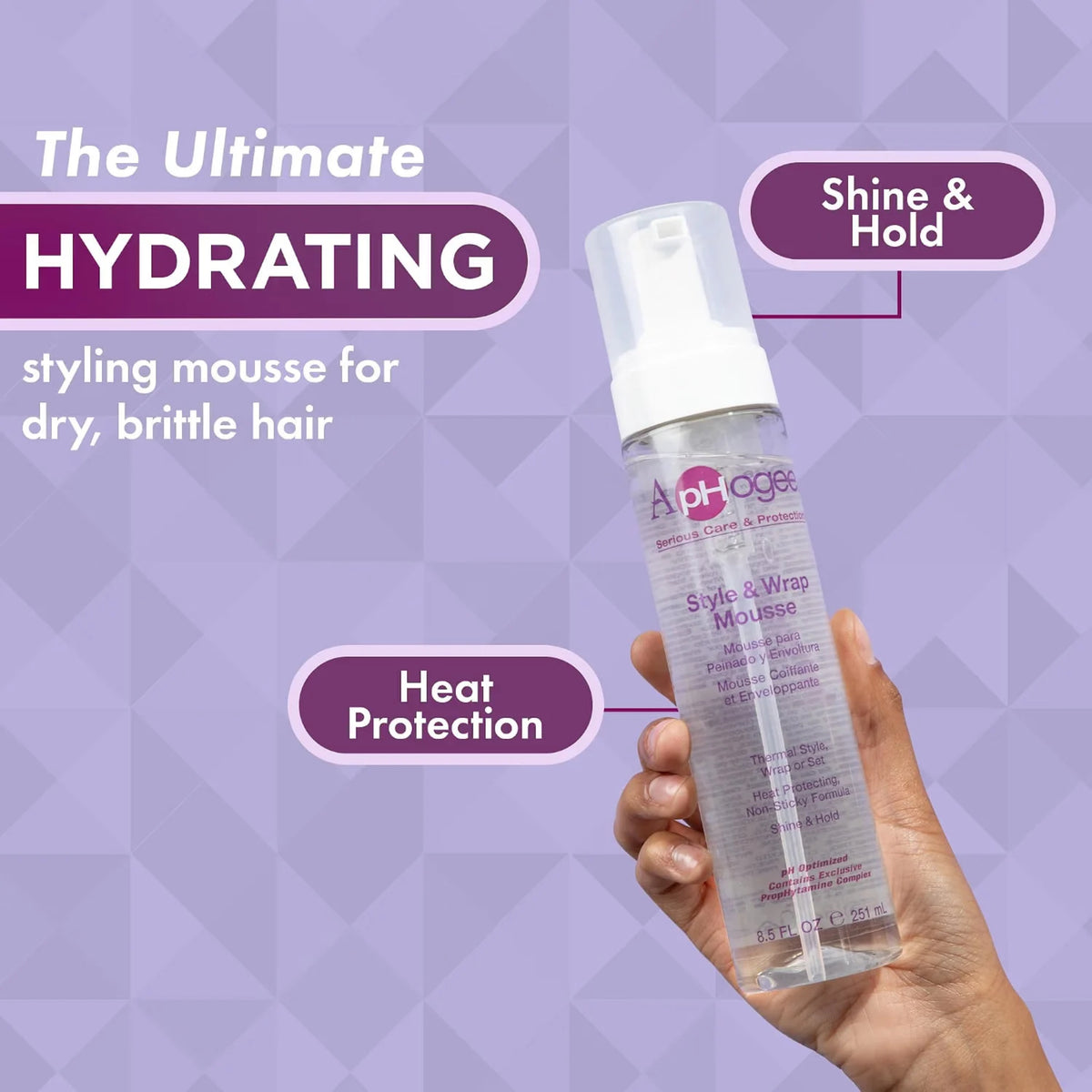 ApHogee Style & Wrap Mousse, hydrerende styling mousse til tørt hår, holdes op med varmebeskyttelse og glans.