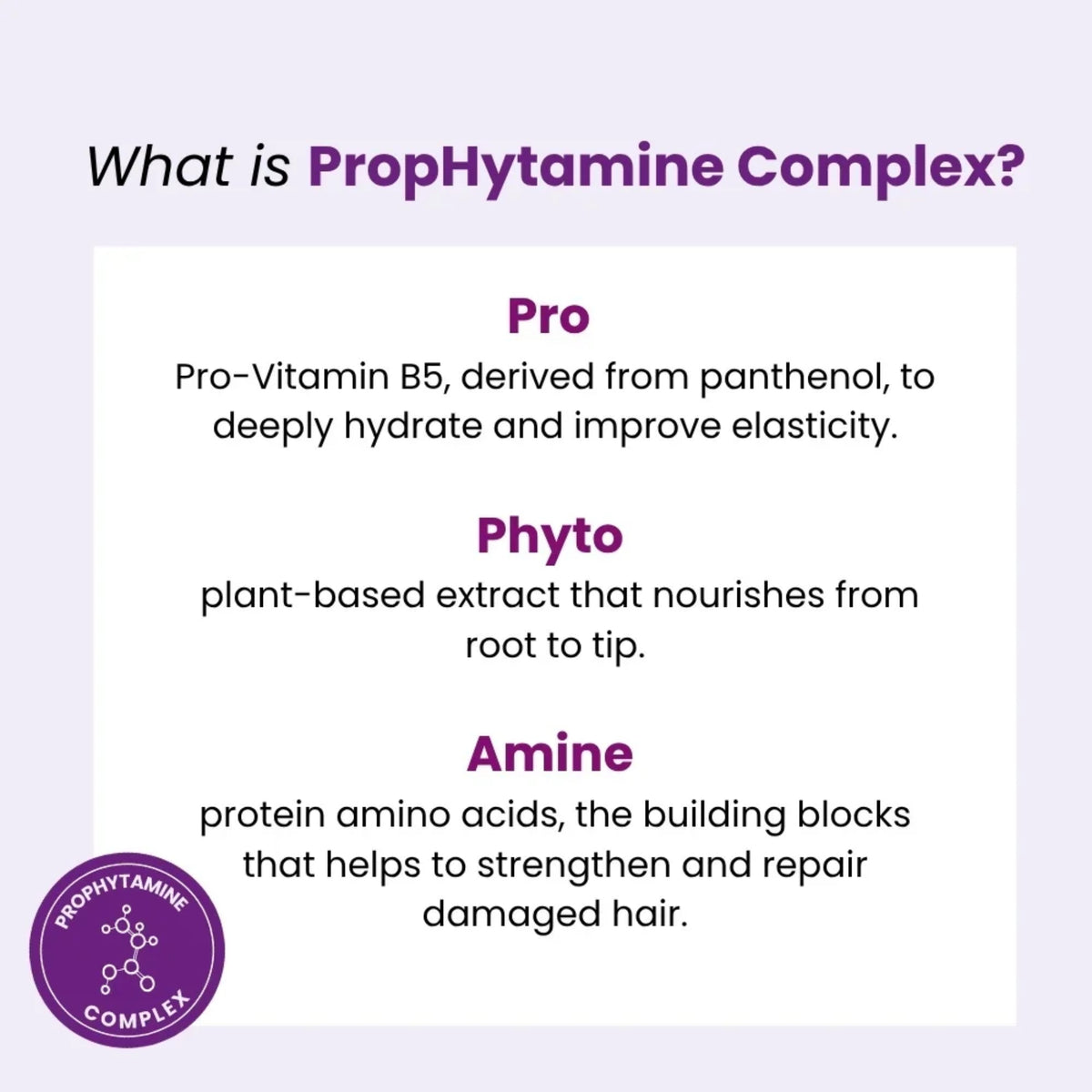 Infografik om PropHytamine Complex: Pro-Vitamin B5, plantebaseret ekstrakt og aminosyrer til hårpleje og styrke.