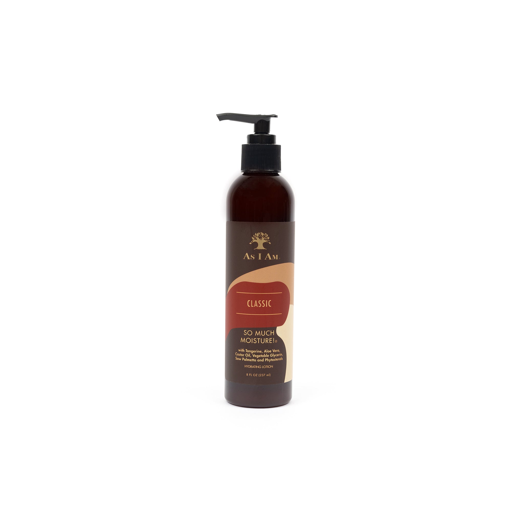 As I Am Classic So Much Moisture Hydrating Lotion (237 ml). Brun flaske med pumpe og beige/brun etiket med tekst.