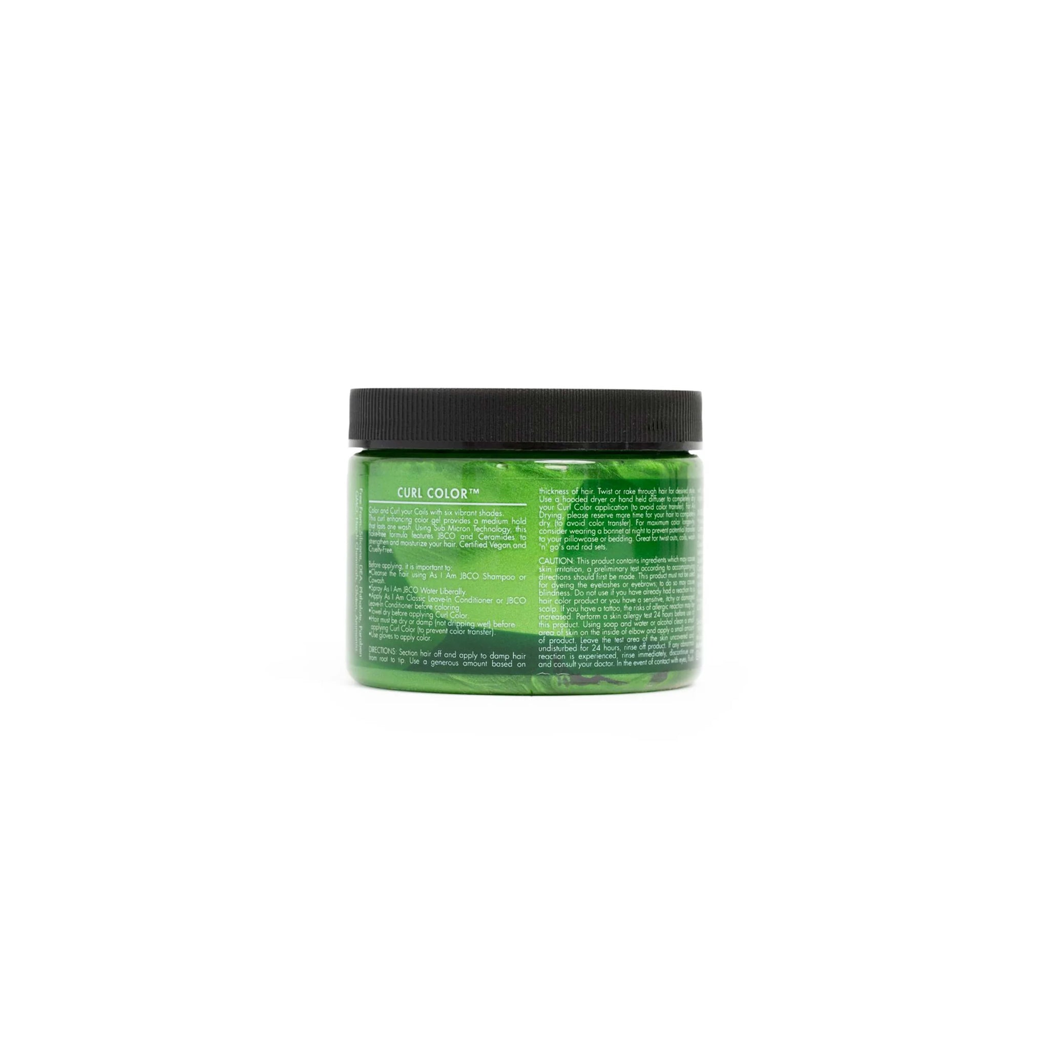 Bagsiden af As I Am Curl Color Temporary Color Gel i Emerald Green, der viser produktinformation.