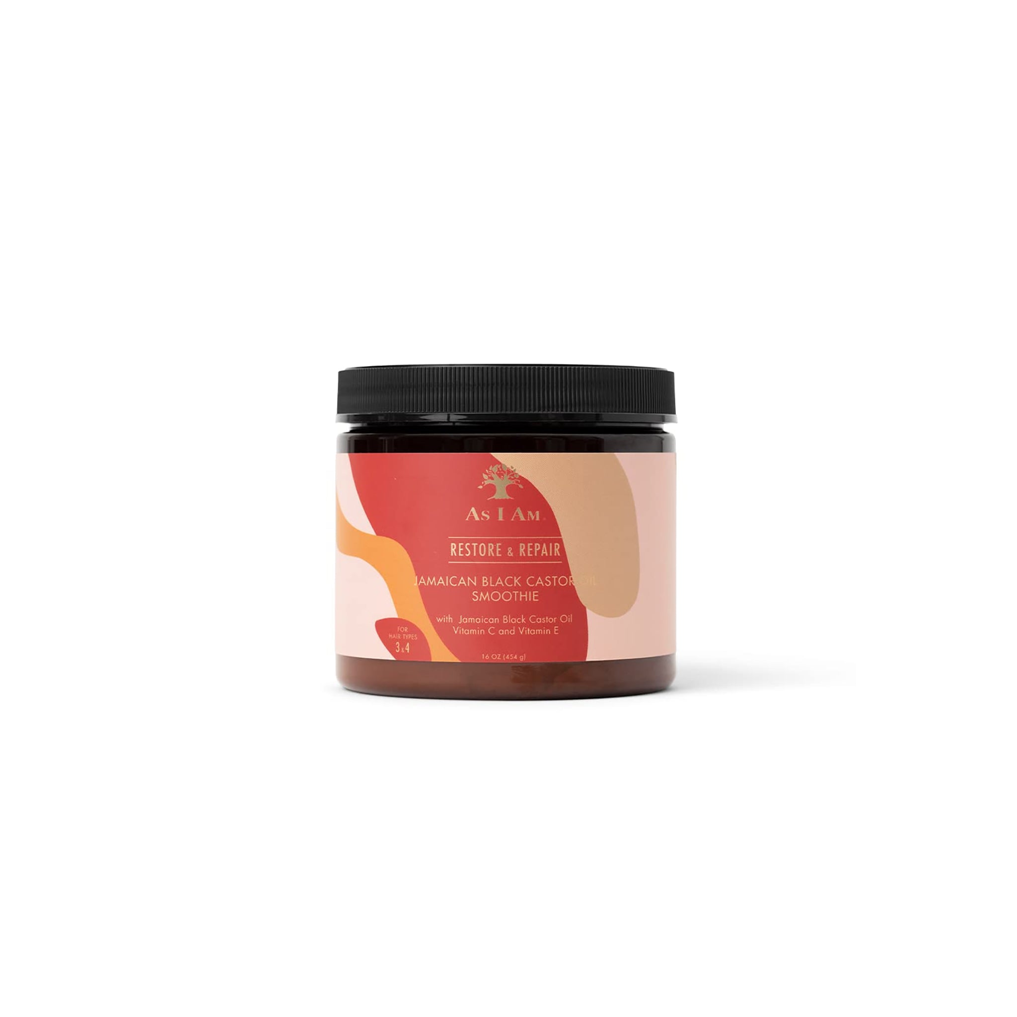 En mørk krukke As I Am Jamaican Black Castor Oil Smoothie (454 g) med en lyserød og beige etiket, der viser produktnavnet og teksten "Restore & Repair".