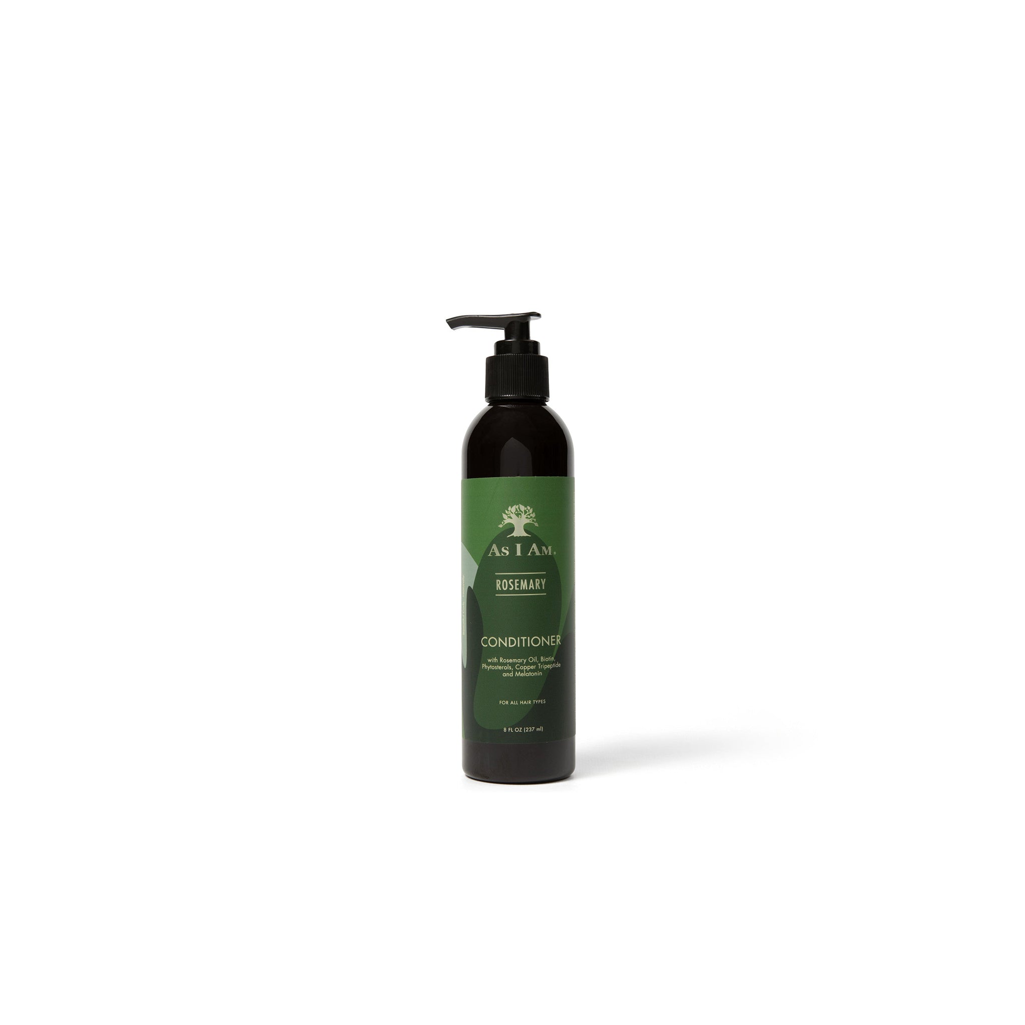 En flaske As I Am Rosemary Conditioner (237 ml) med sort pumpe og grøn etiket med produktnavn og logo.