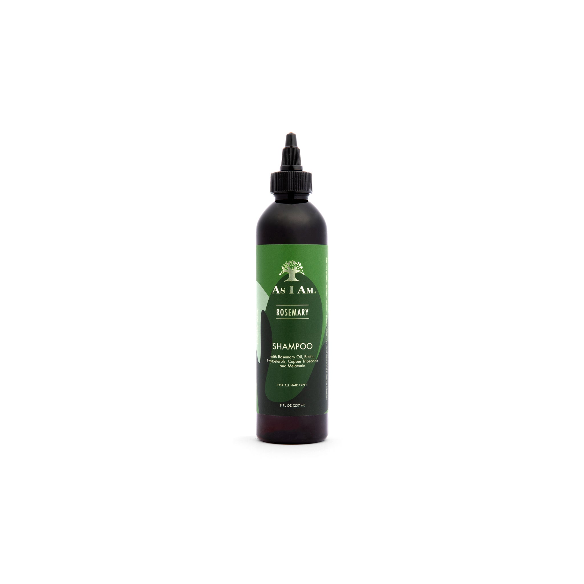 Flaske med As I Am Rosemary Shampoo (237 ml) med sort låg og grøn etiket med produktnavn og logo.