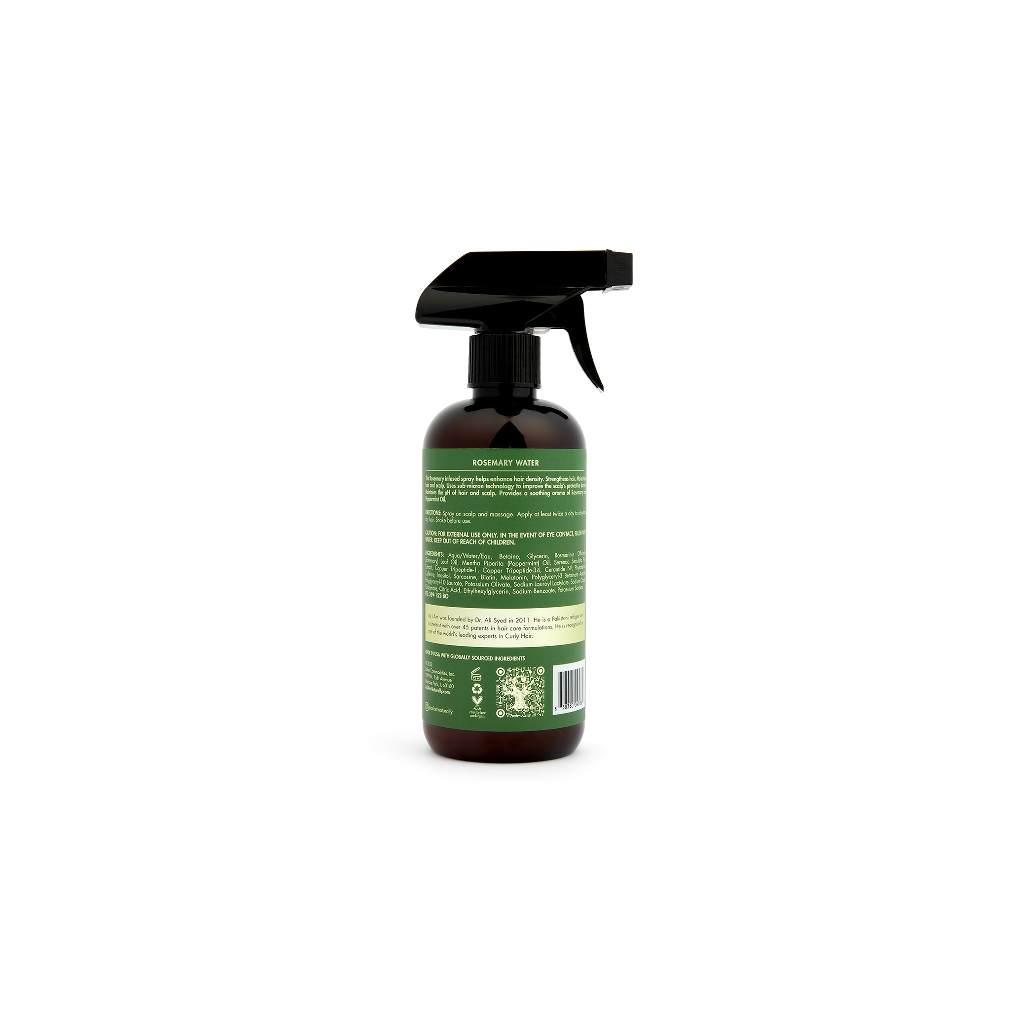 Bagsiden af en flaske As I Am Rosemary Water Spray (475 ml) med ingrediensliste, brugsanvisning og yderligere produktinformation.