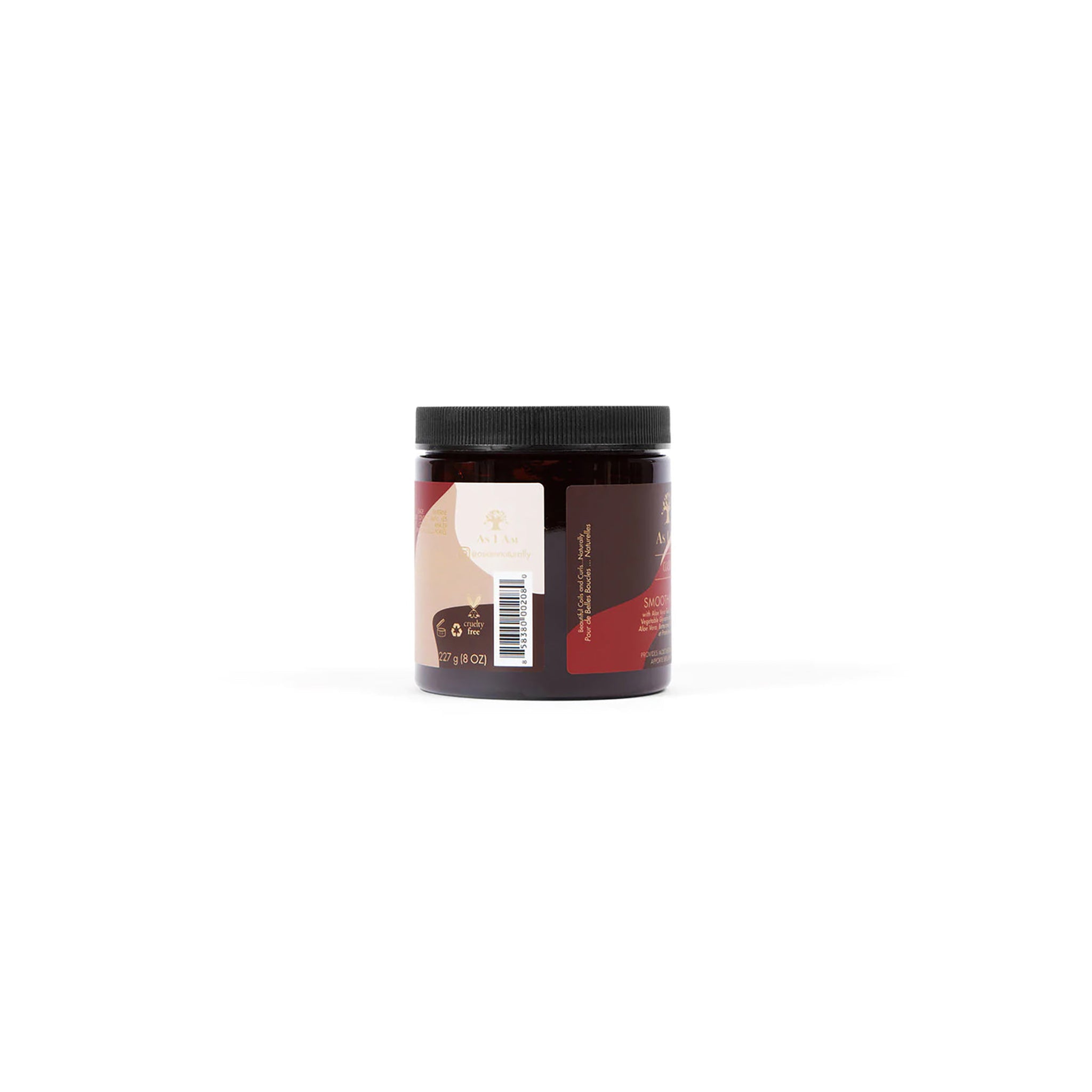 Beholder med As I Am Classic Smoothing Gel (227g), der viser etiketten med produktinformation.