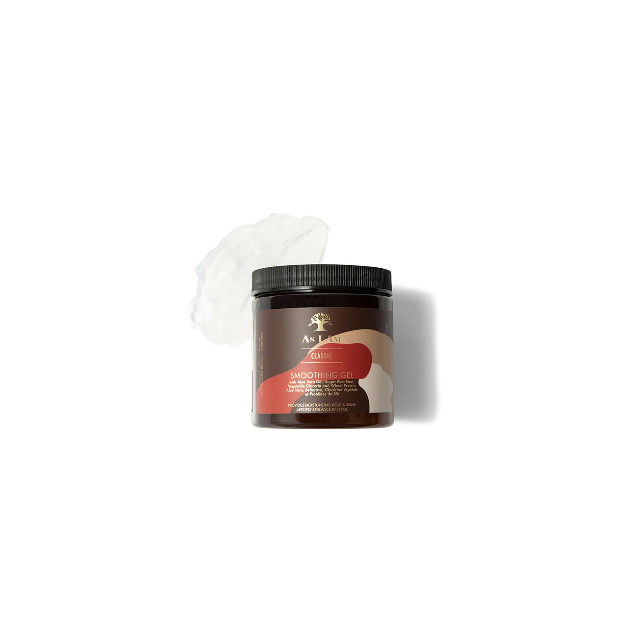 As I Am Classic Smoothing Gel (227g) med en klat af den hvide gel ved siden af, der viser produktets konsistens.