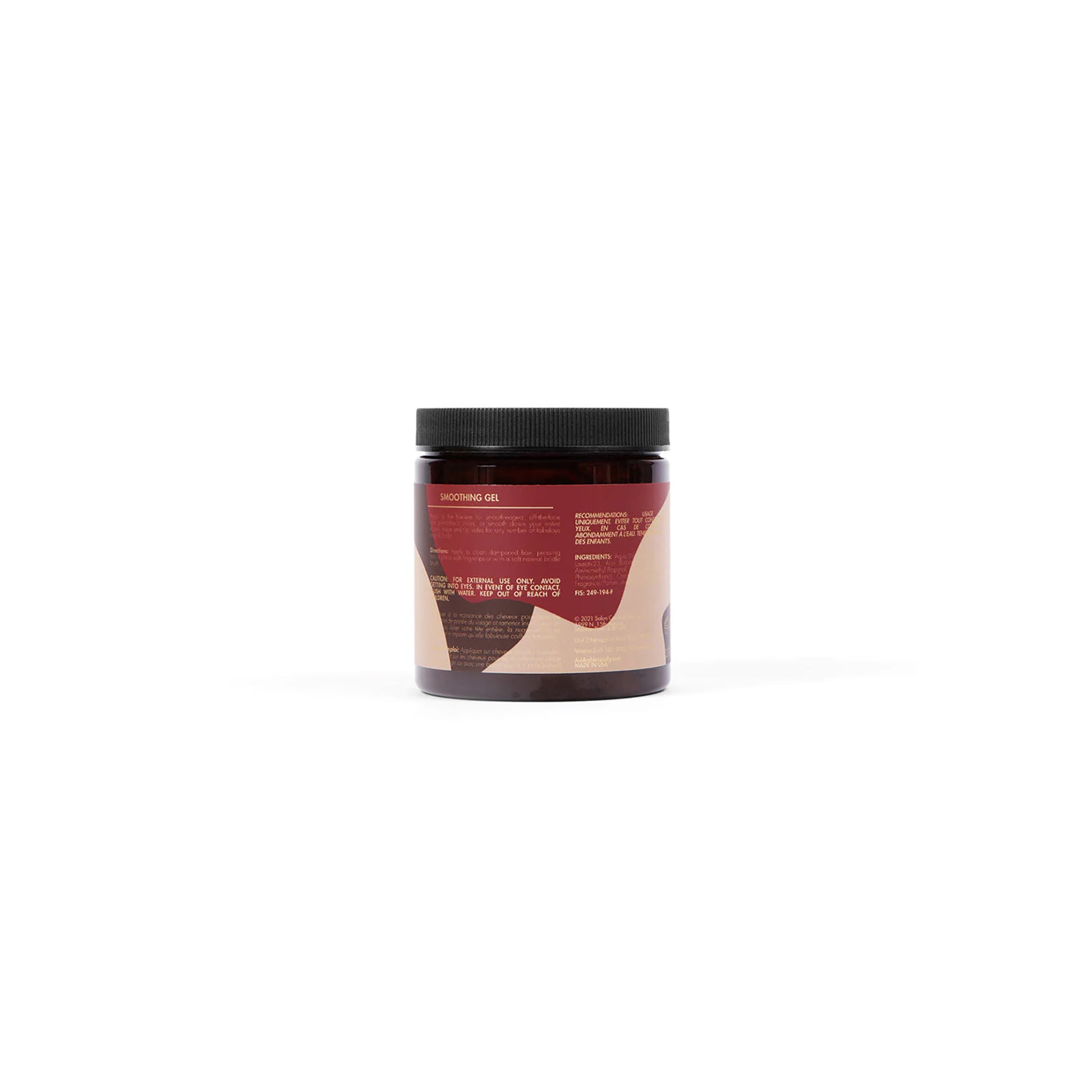 Bagsiden af en krukke As I Am Classic Smoothing Gel (227g) med ingrediensliste, brugsanvisning og advarsler.