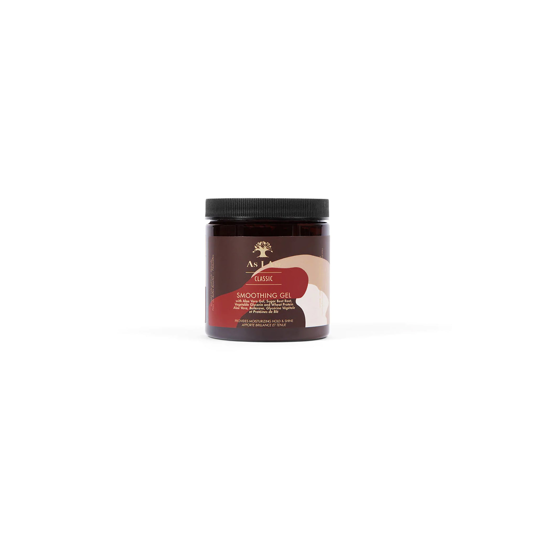 Beholder med As I Am Classic Smoothing Gel (227g), der viser produktnavn og beskrivelse på etiketten.