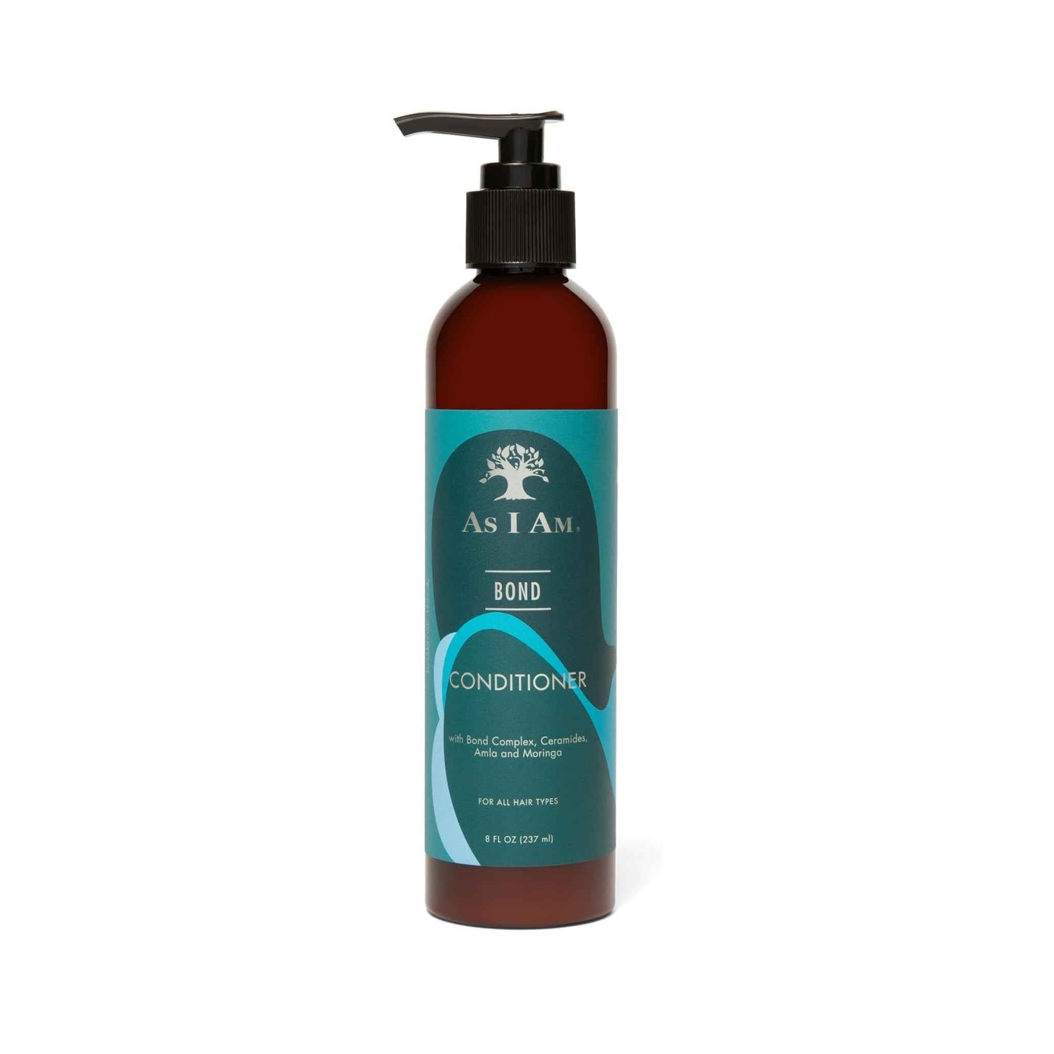 As I Am Bond Conditioner i brun pumpeflaske med türkis etiket, 237 ml, til alle hårtyper.