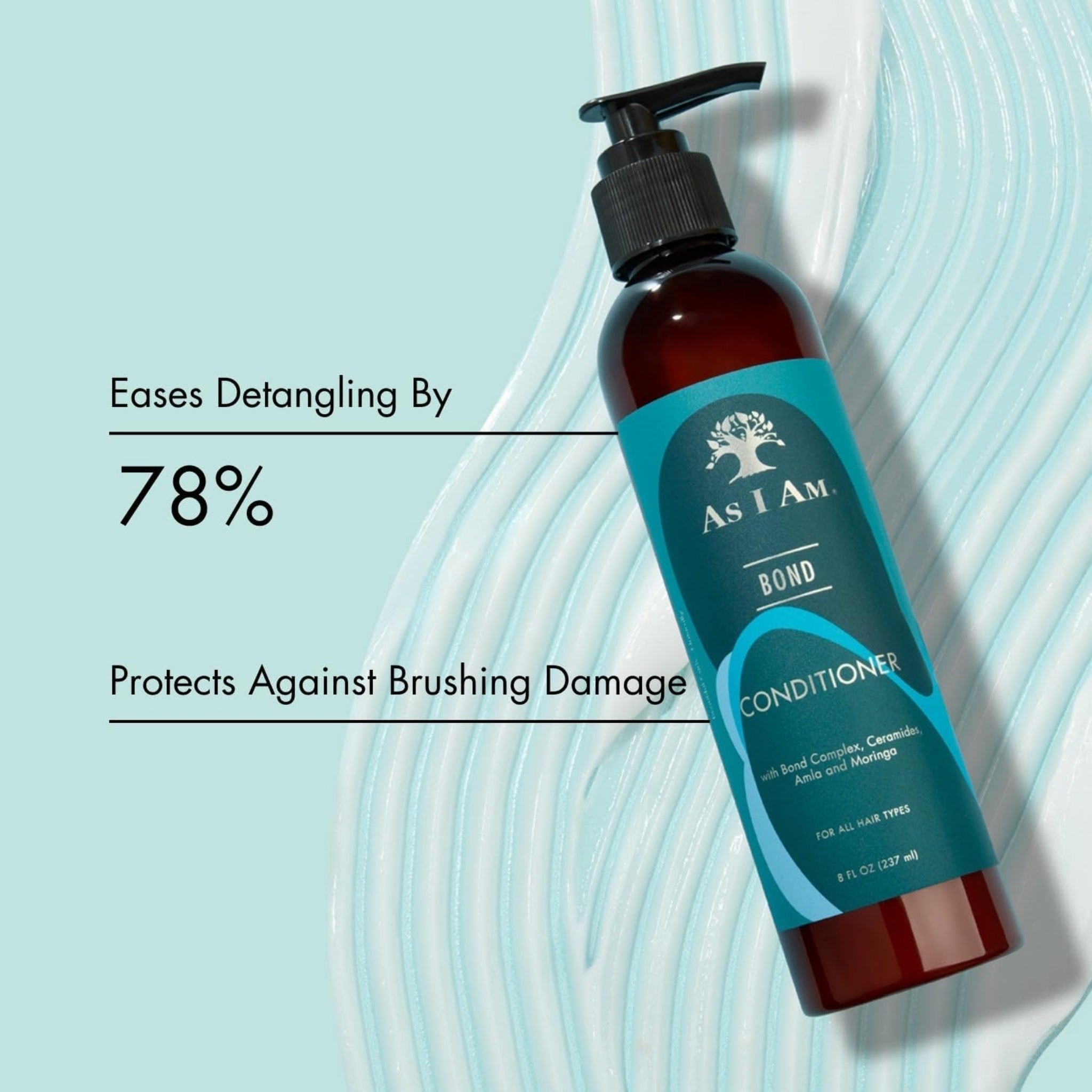 As I Am Bond Conditioner-flaske på turkis baggrund, letter afkrøller ved 78% og beskytter mod børsteskader.