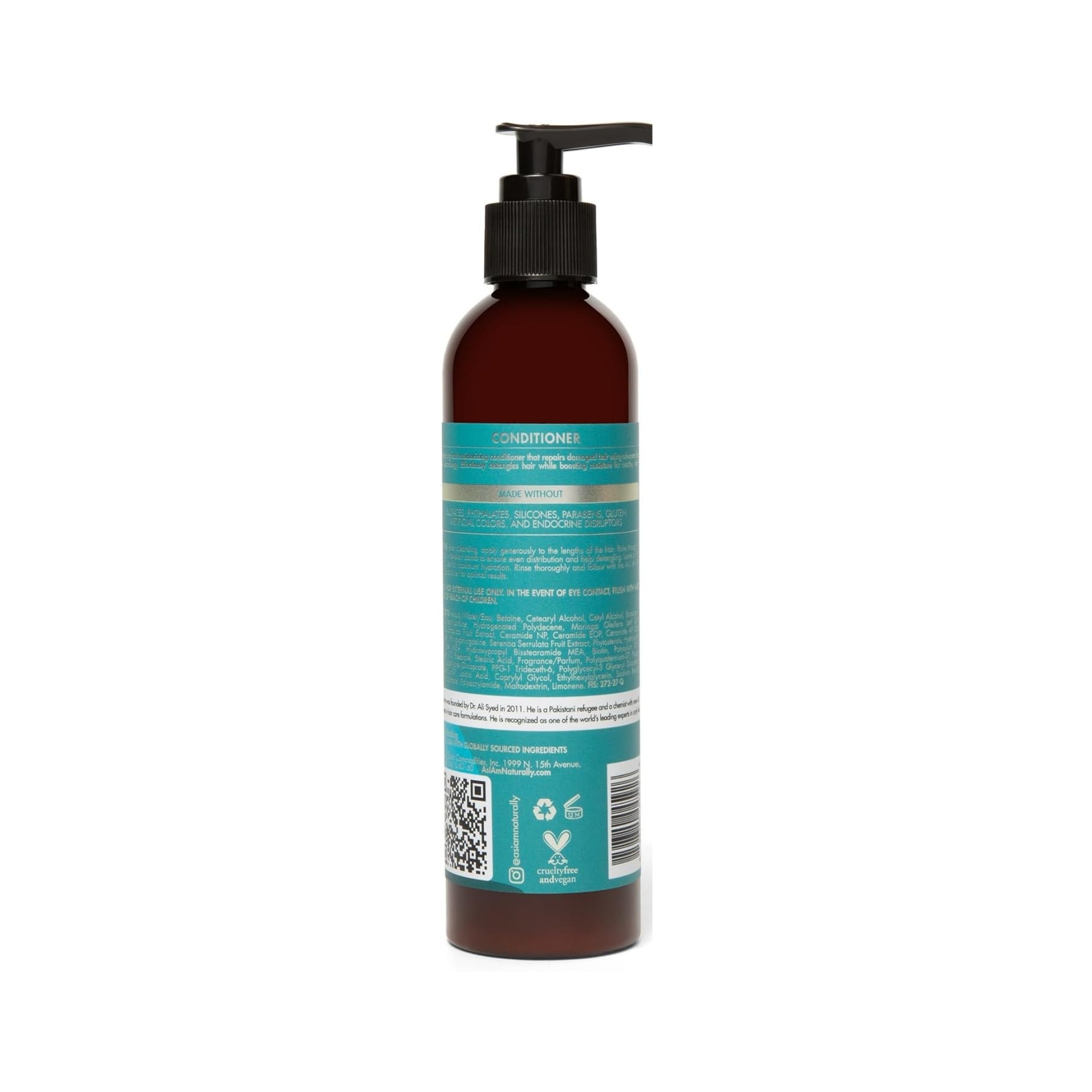 Brun pumpeflaske conditioner med turkis etiket, sort pumpehoved, fra AsIAmNaturally