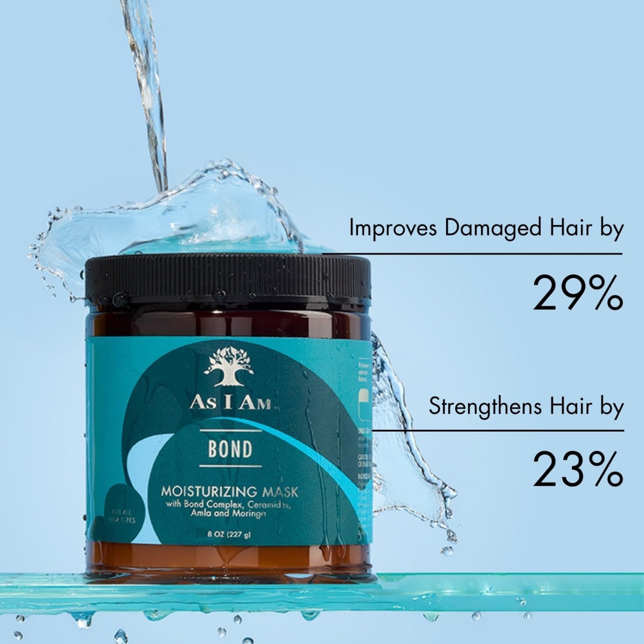 As I Am Bond Moisturizing Mask-krukke med vandsprøjt, forbedrer skadet hår 29%, styrker hår 23%.