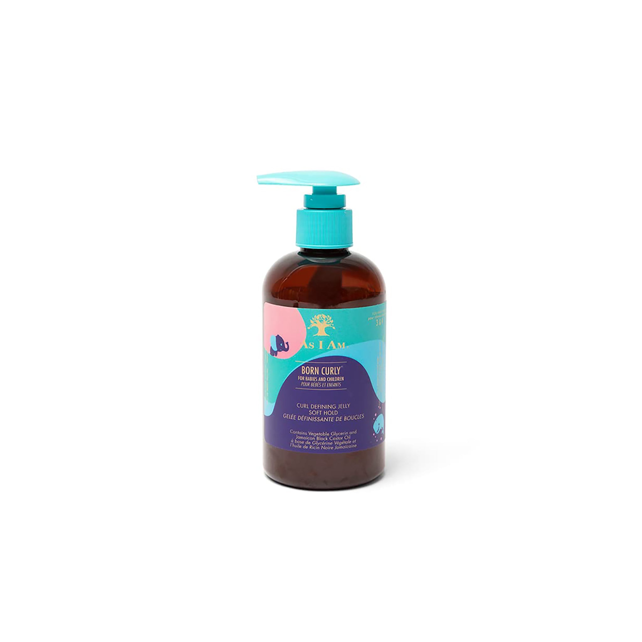 As I Am Born Curly Curl Defining Jelly 240ml i brun flaske med turkis pumpe og farverig etiket til krøllet hår.