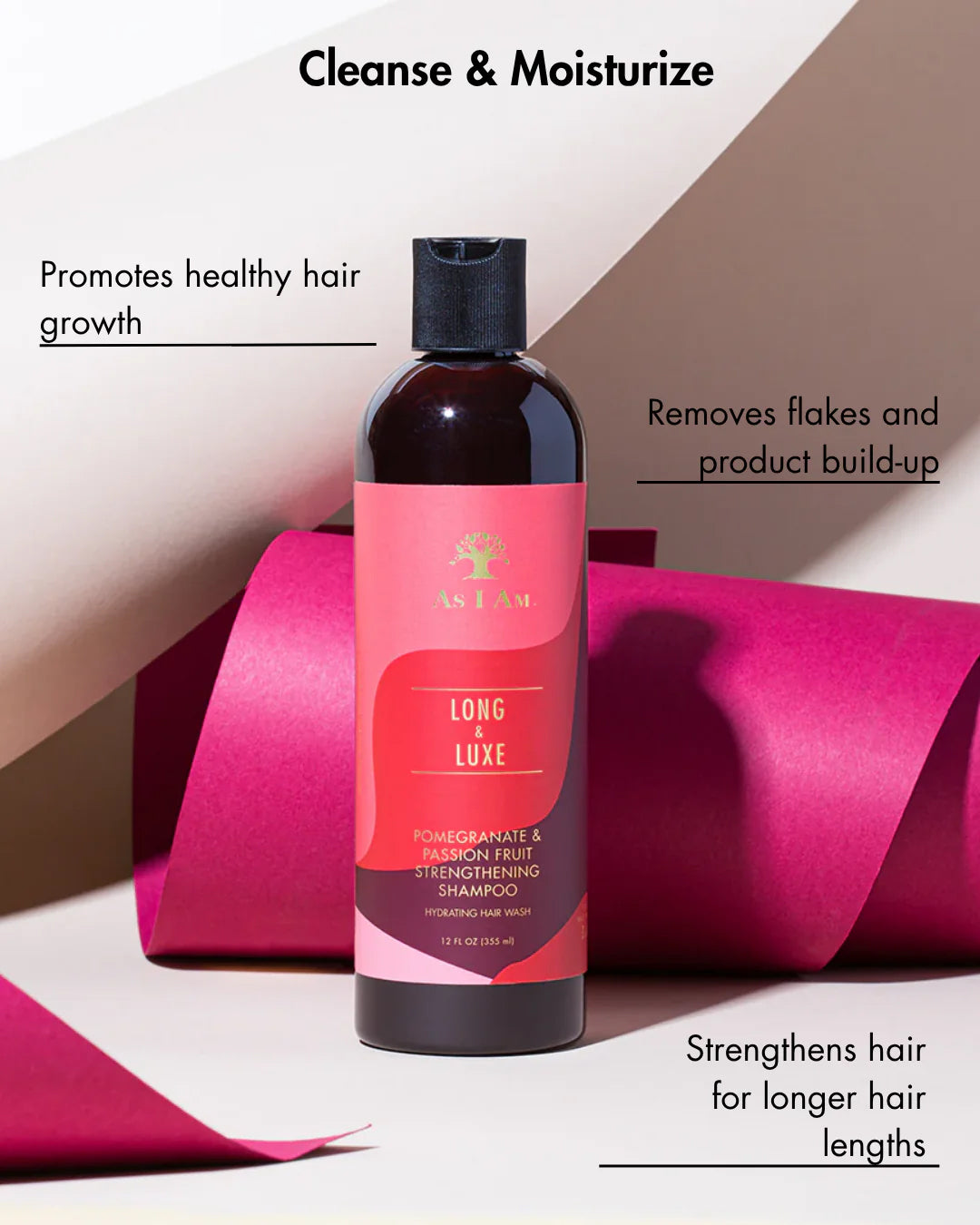 As I Am Long and Luxe Strengthening Shampoo 355ml med rød og lyserød emballage, fremstillet til at styrke og fugte håret.