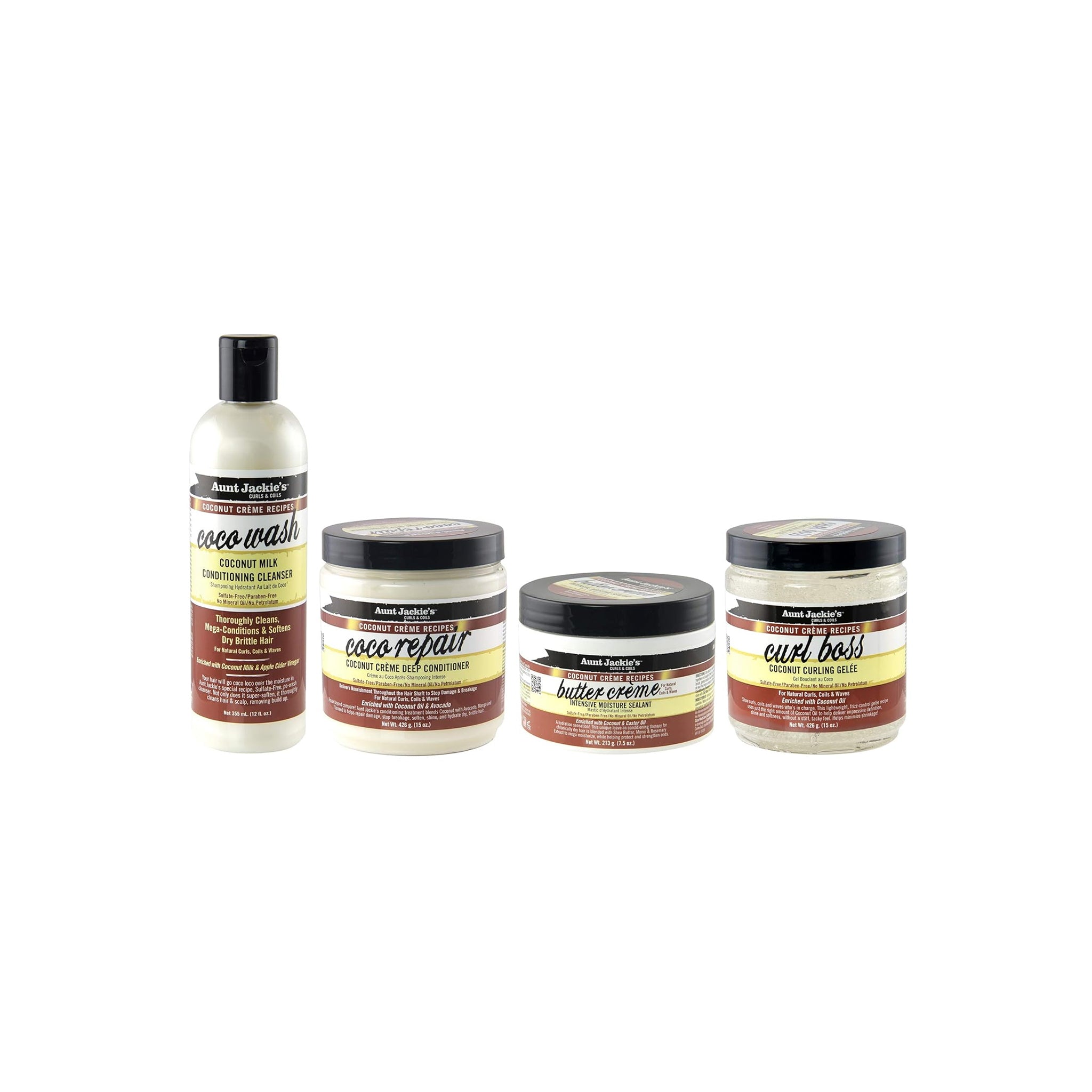 Fire produkter fra Aunt Jackie's Coconut Crème Recipes-serie: en rensende balsam (Coco Wash), en dybdegående balsam (Coco Repair), en fugtighedscreme (Butter Crème) og en stylinggelé (Curl Boss).