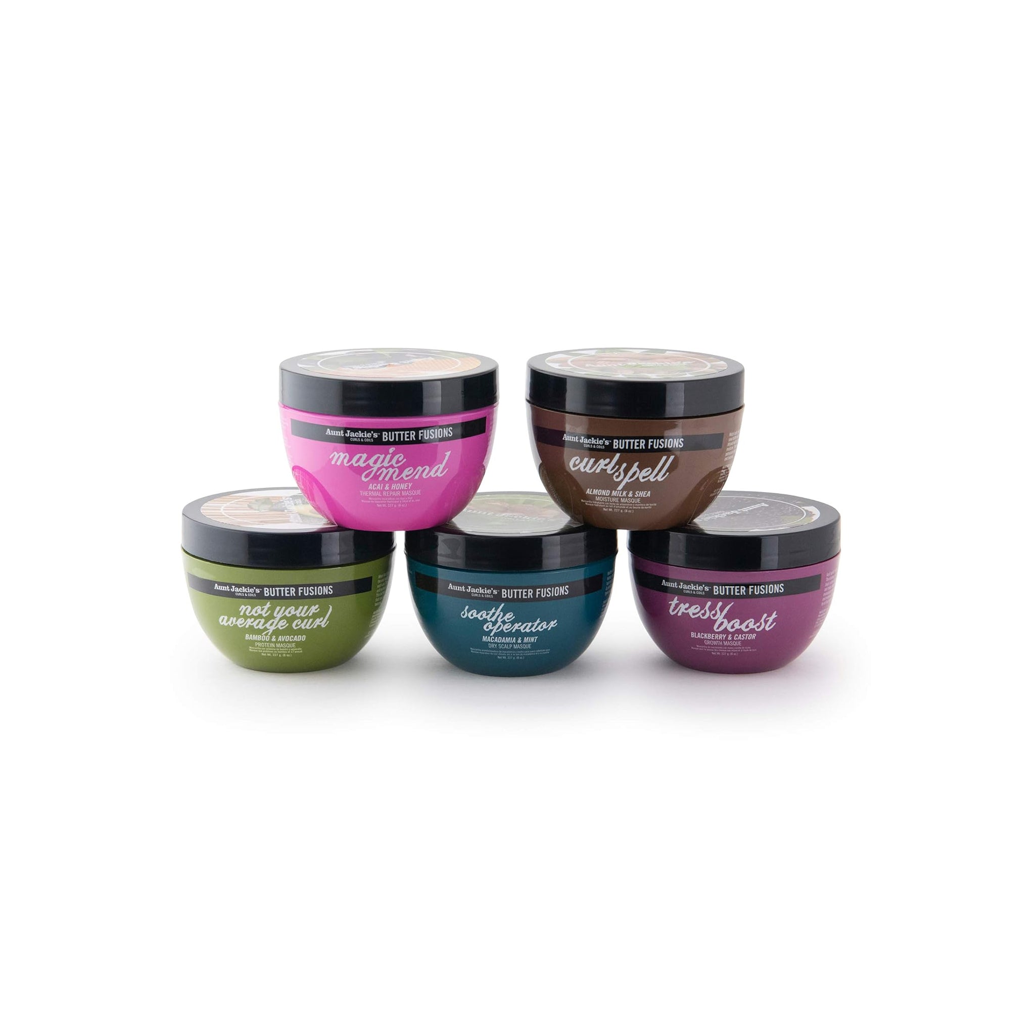 Aunt Jackie's Butter Fusions-serie: "not your average curl", "sootherator", "tressboost", "magic mend" og "curlspell".