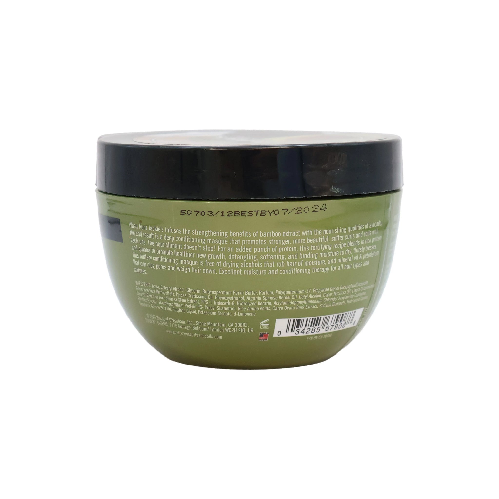 Bagsiden af Aunt Jackie's Butter Fusions Not Your Average Curl Bamboo & Avocado Protein Masque med ingrediensliste og information.