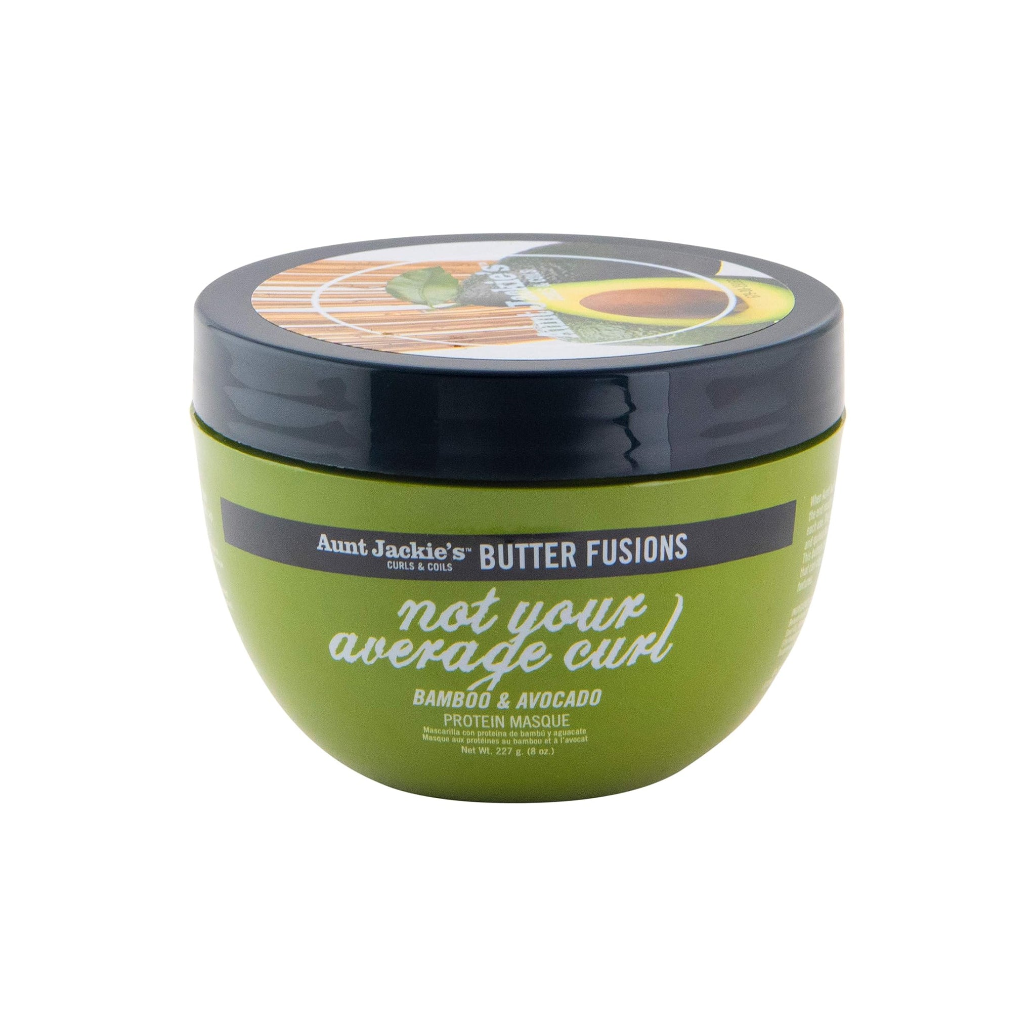 Aunt Jackie's Butter Fusions Not Your Average Curl Bamboo & Avocado Protein Masque i lysegrøn beholder.