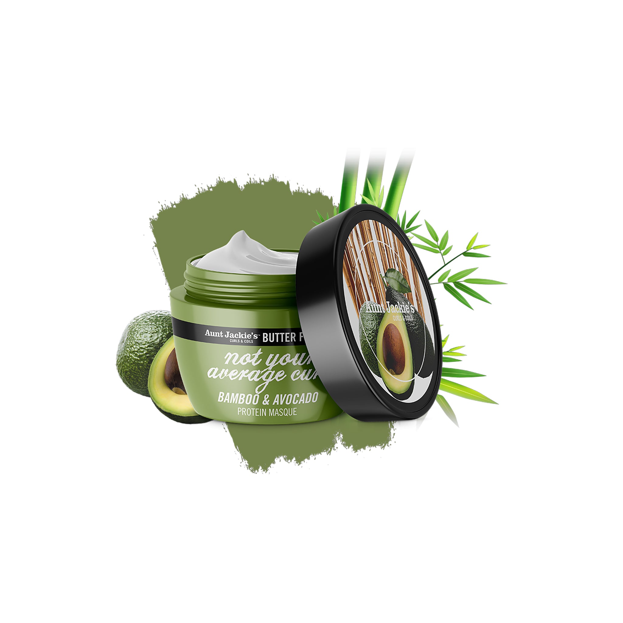 Aunt Jackie's Butter Fusions Not Your Average Curl Bamboo & Avocado Protein Masque i grøn krukke med hvid creme.