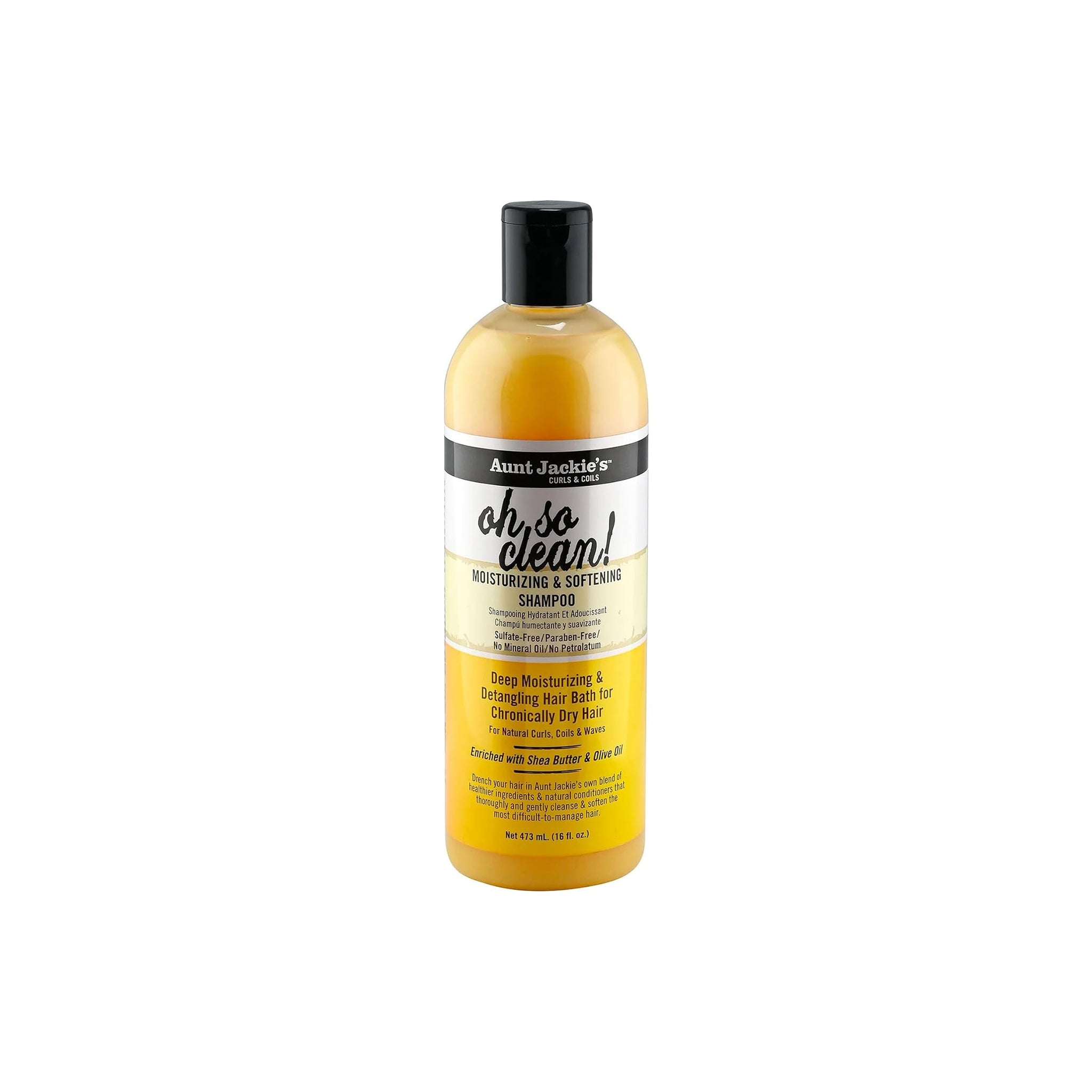  Aunt Jackie's Curls & Coils Oh So Clean Moisturizing & Softening Shampoo i en klar plastflaske med sort låg.