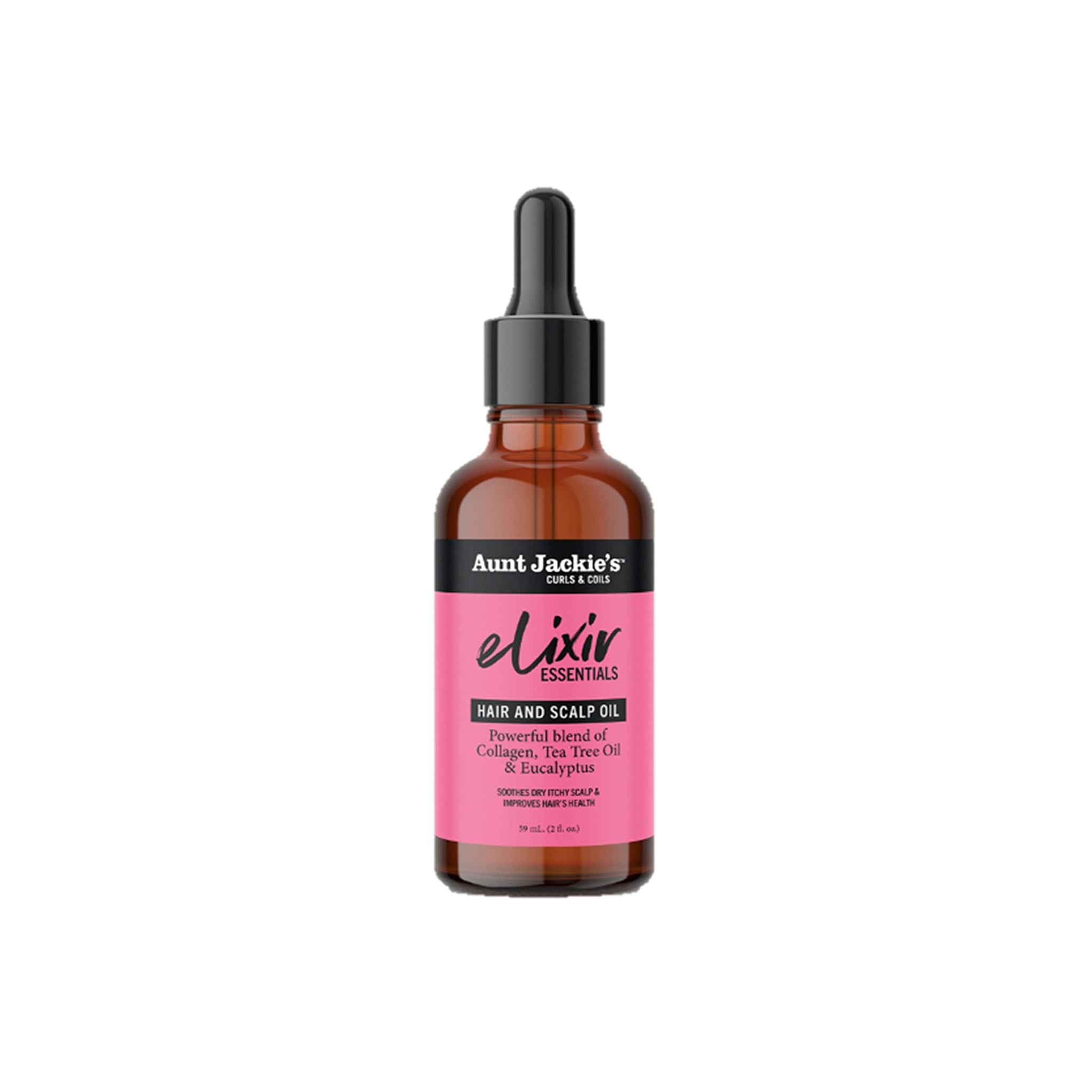 En flaske Aunt Jackie's Elixir Hair & Scalp Oil med pipette.