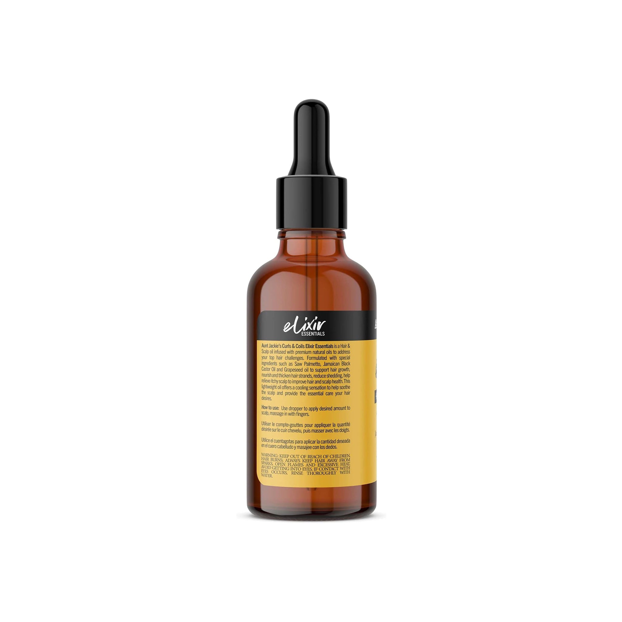 Aunt Jackie's Elixir Essentials Hair and Scalp Oil, bagside af en brun glasflaske med pipette .Beskrivelse af ingredienser og brugsanvisning er synlig på etiketten