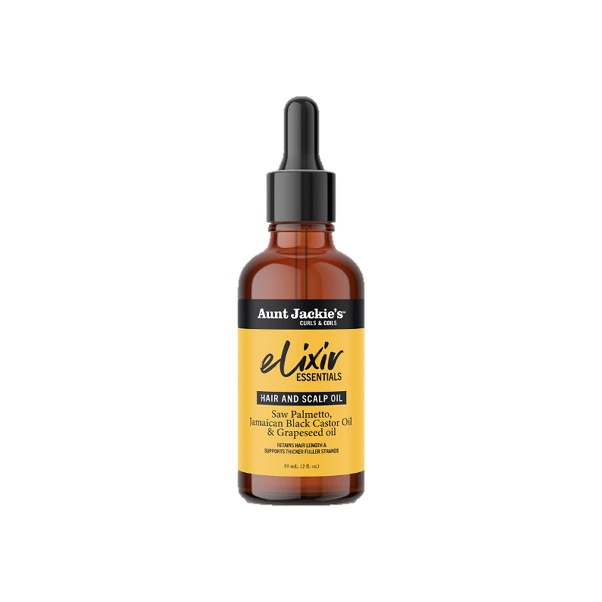 Aunt Jackie's Elixir Essentials Hair and Scalp Oil, en brun glasflaske med pipette. 