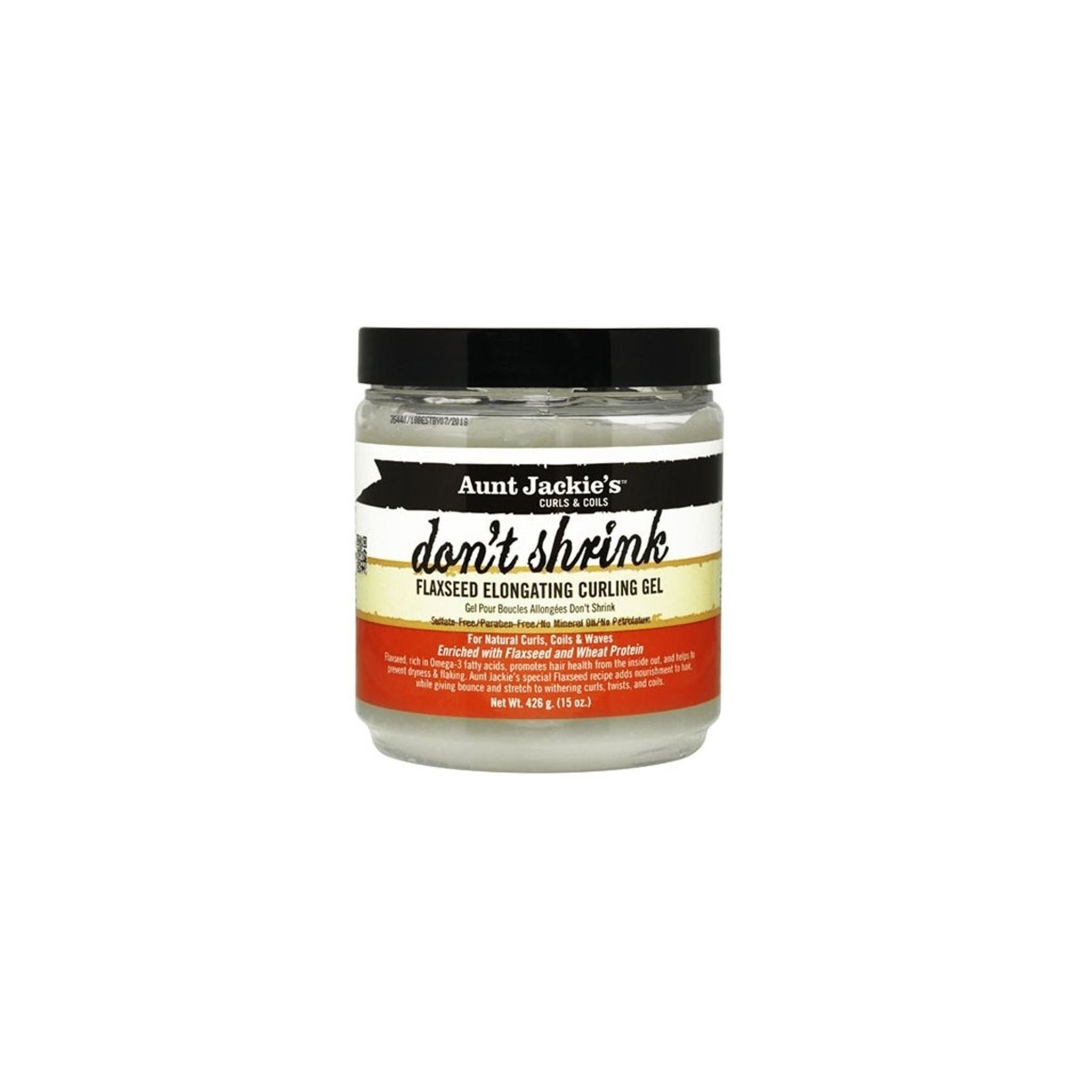 Aunt Jackie's Don't Shrink Flaxseed Elongating Curling Gel, en klar gel i en bøtte med sort låg.