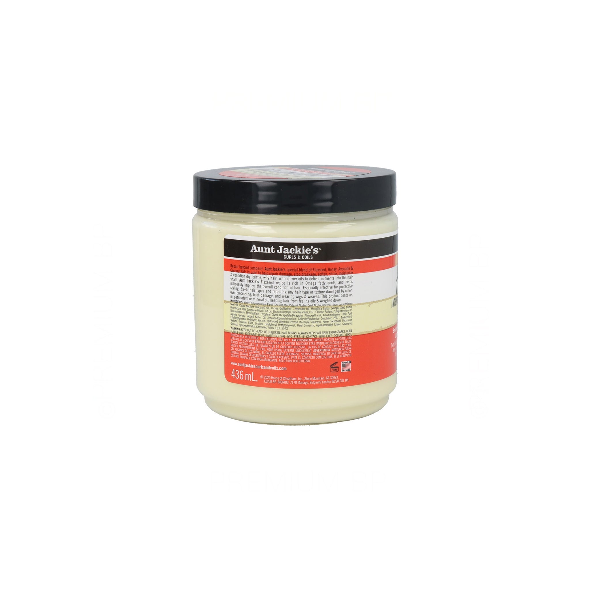 Bagsiden af Aunt Jackie's Fix My Hair Intensiv Reparerende Hårkur (436 ml): Viser ingrediensliste og brugsanvisning for denne dybdegående balsam med hørfrø.