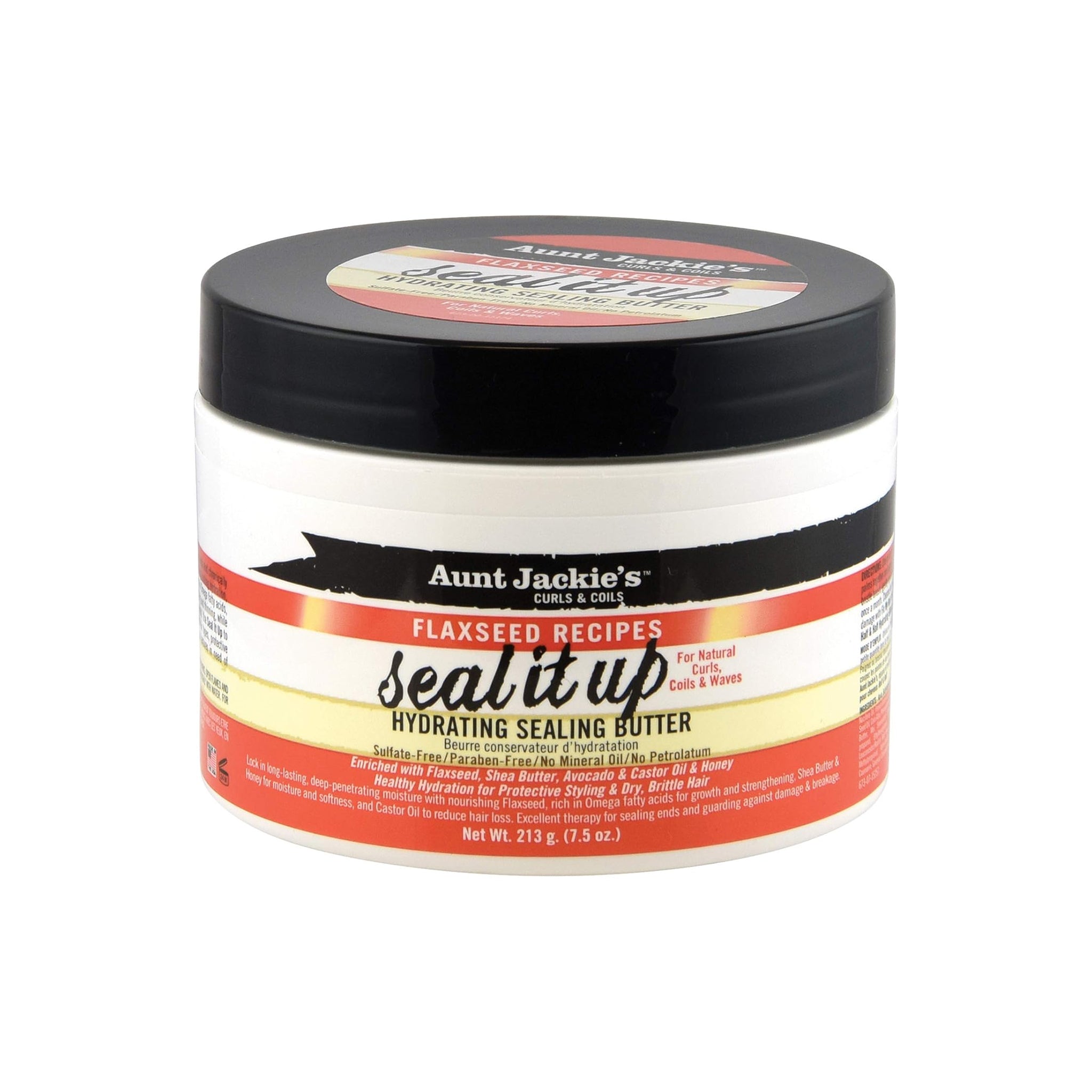 Aunt Jackie's Flaxseed Recipes Seal It Up Hydrating Sealing Butter, en hvid beholder med sort låg