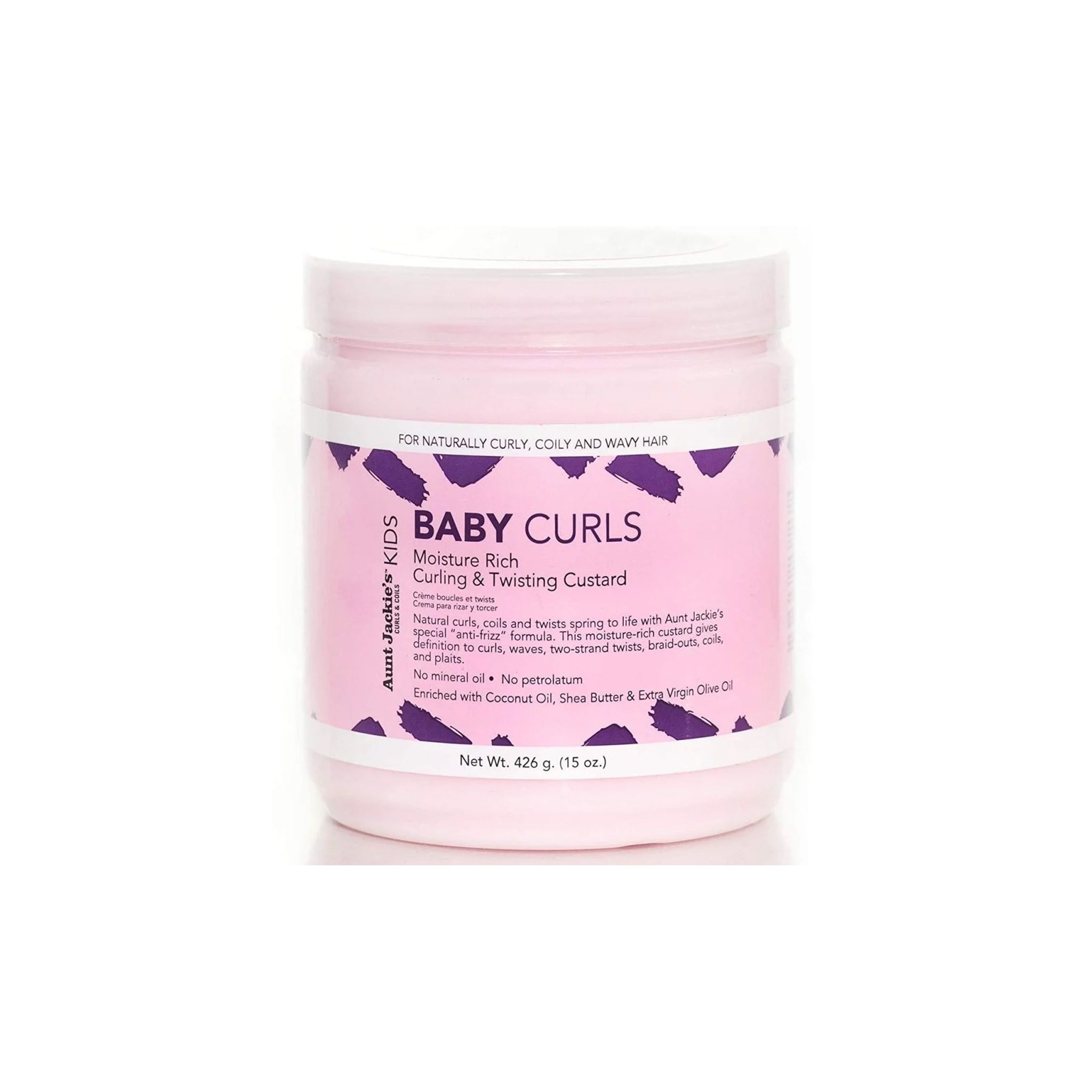 Aunt Jackie's Kids Baby Curls Moisture Rich Curling & Twisting Custard, en lyserød bøtte med stylingcreme til børns krøllede, coily og bølgede hår.