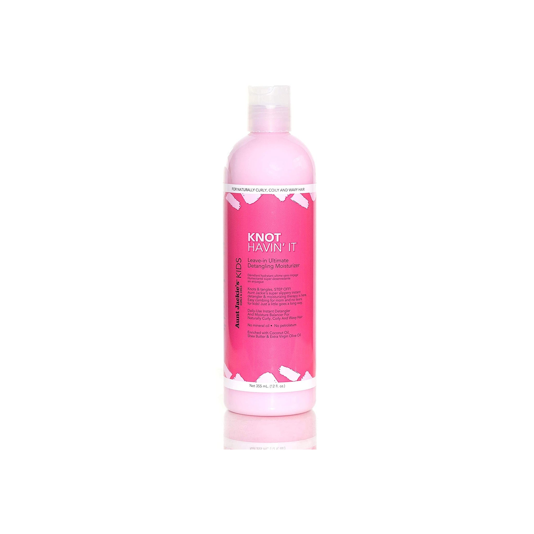 Aunt Jackie's Kids Knot Havin' It Leave-In Ultimate Detangling Moisturizer, en lyserød flaske med leave-in balsam til børn.