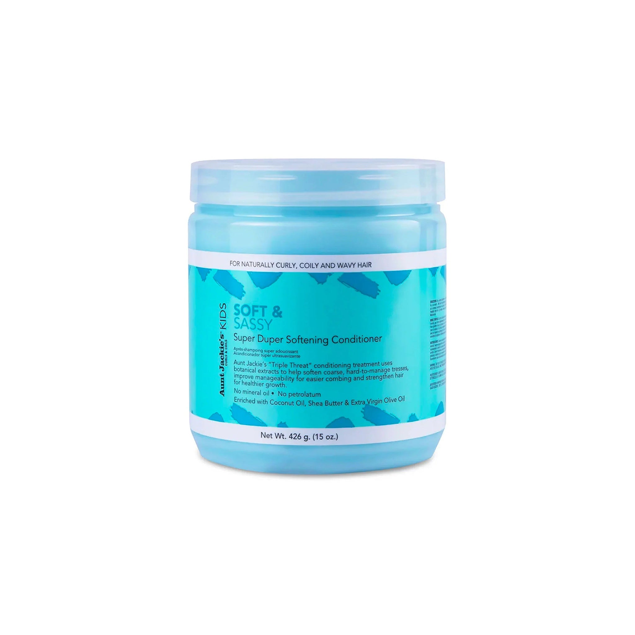 Aunt Jackie's Kids Soft & Sassy Super Duper Softening Conditioner, en blå bøtte med balsam til børns krøllede, coily og bølgede hår.