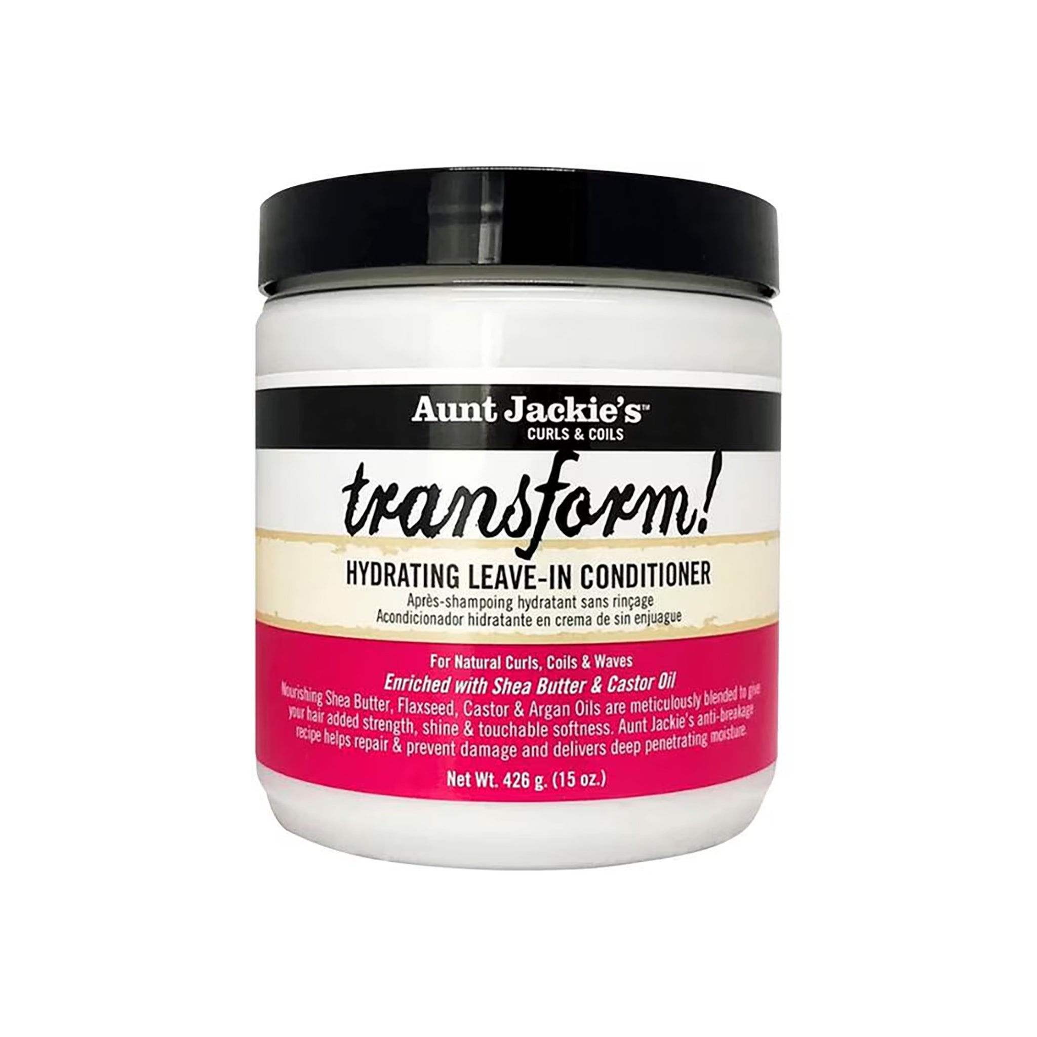 Aunt Jackie's Transform Hydrating Leave-In Conditioner i klar beholder med sort låg. 