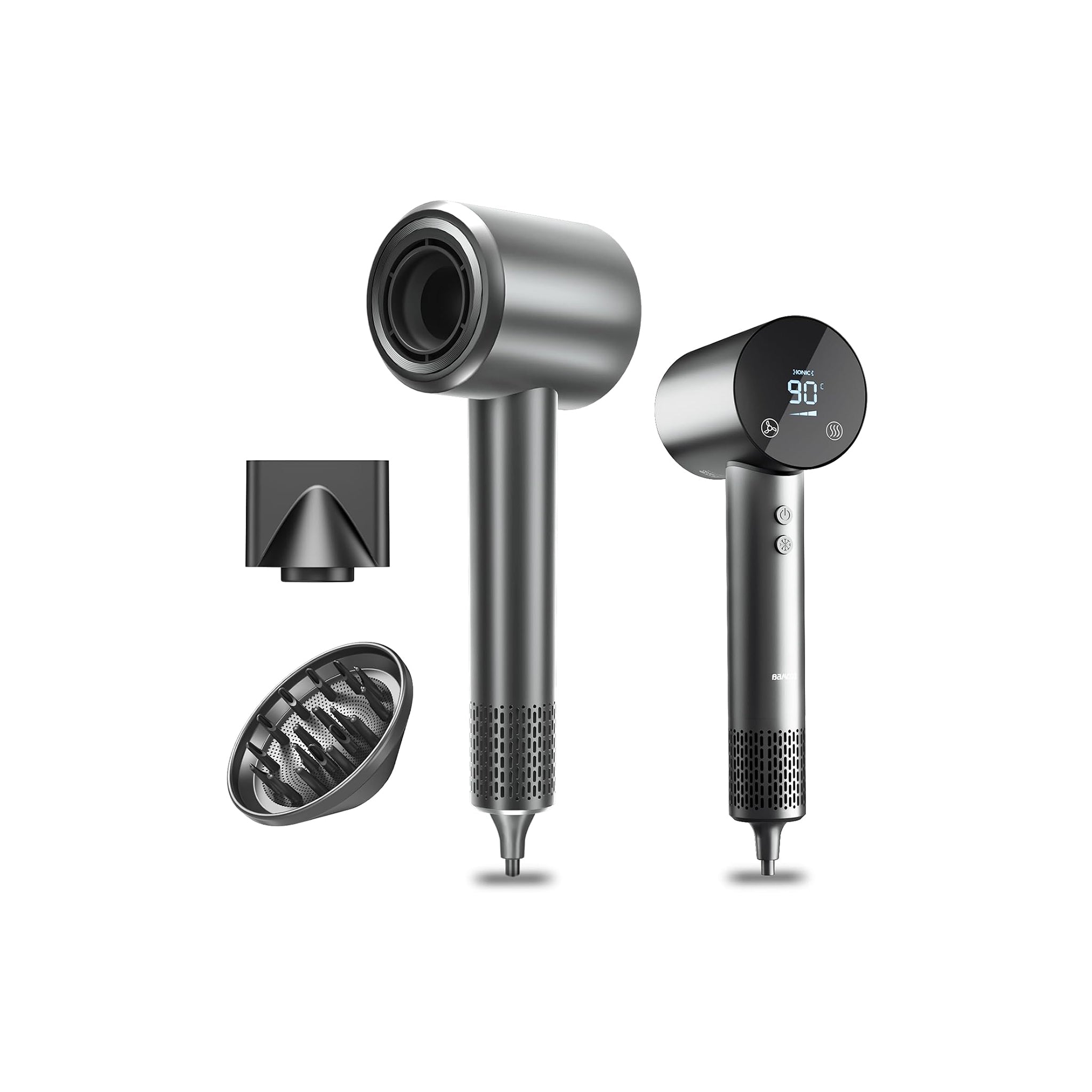 Ionisk hårtørrer i metalgrå med digital temperaturvisning samt tilbehør: diffuser og koncentratormundstykke, vist mod hvid baggrund.